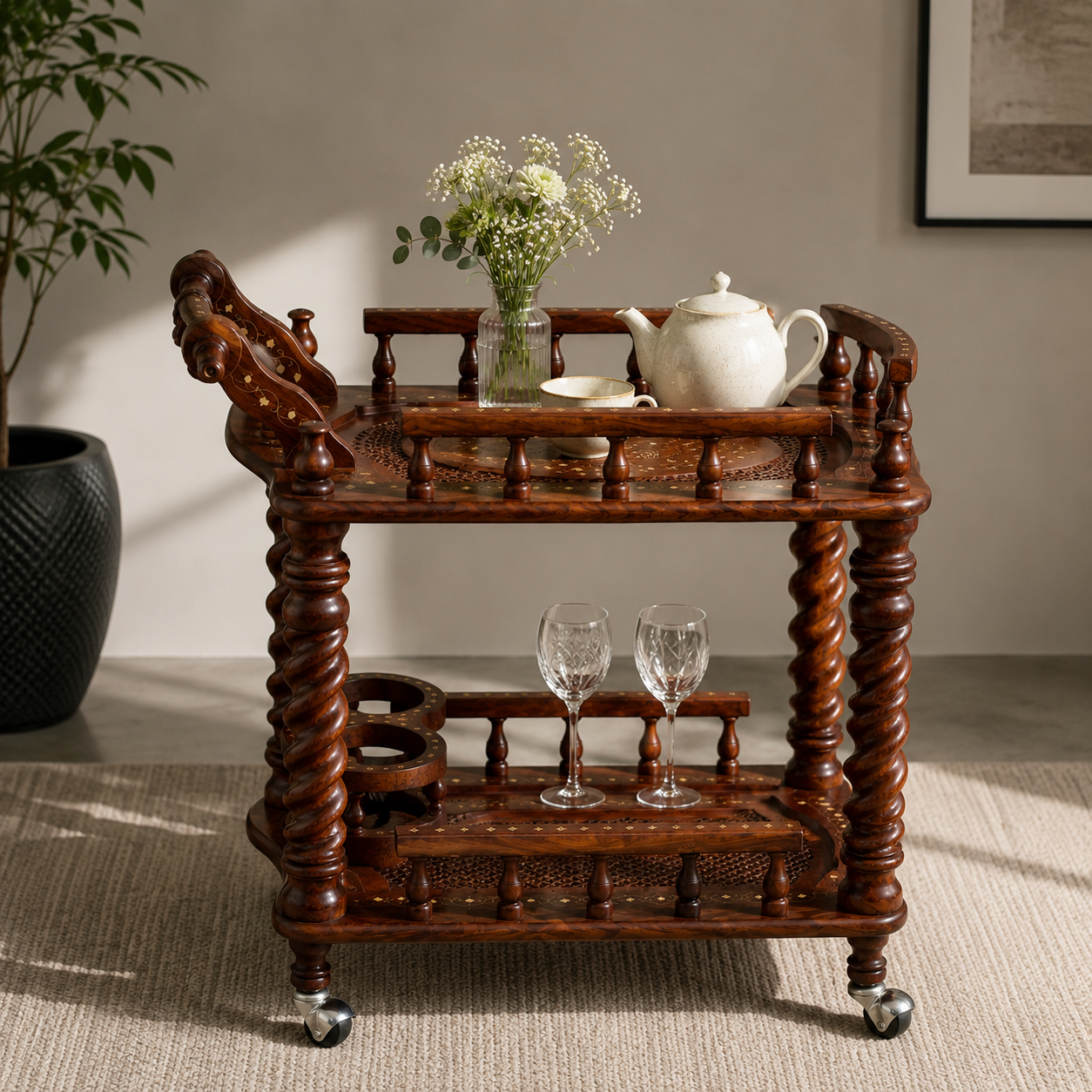 Juniper Cyprus Sheesham Wood Serving Trolley, Brown - main view