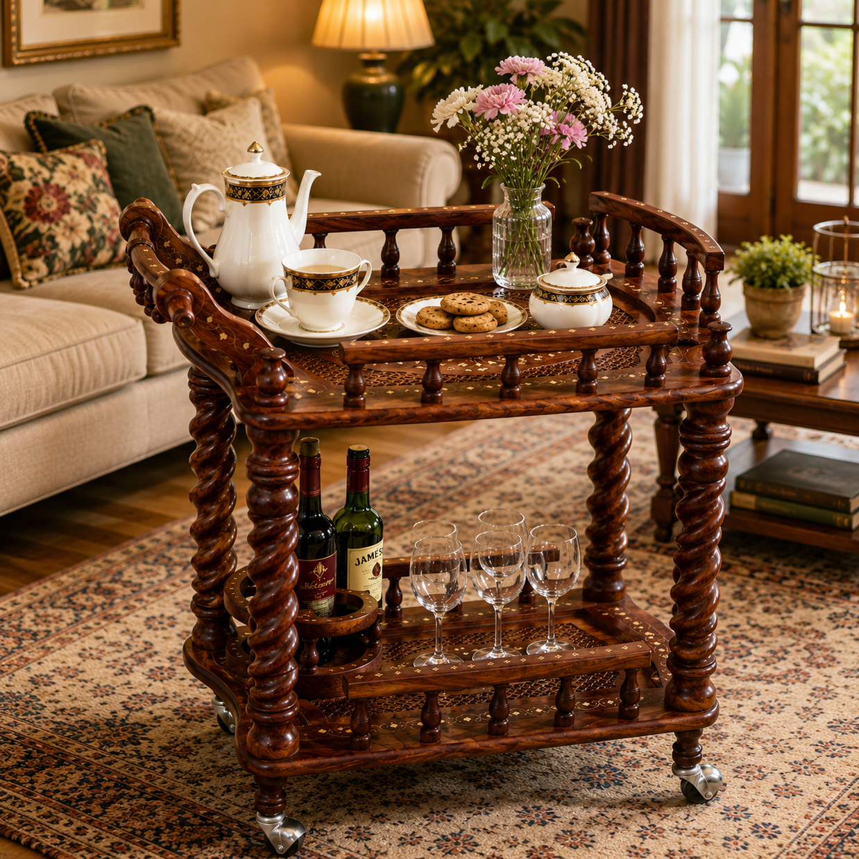 Juniper Cyprus Sheesham Wood Serving Trolley, Brown - detail view
