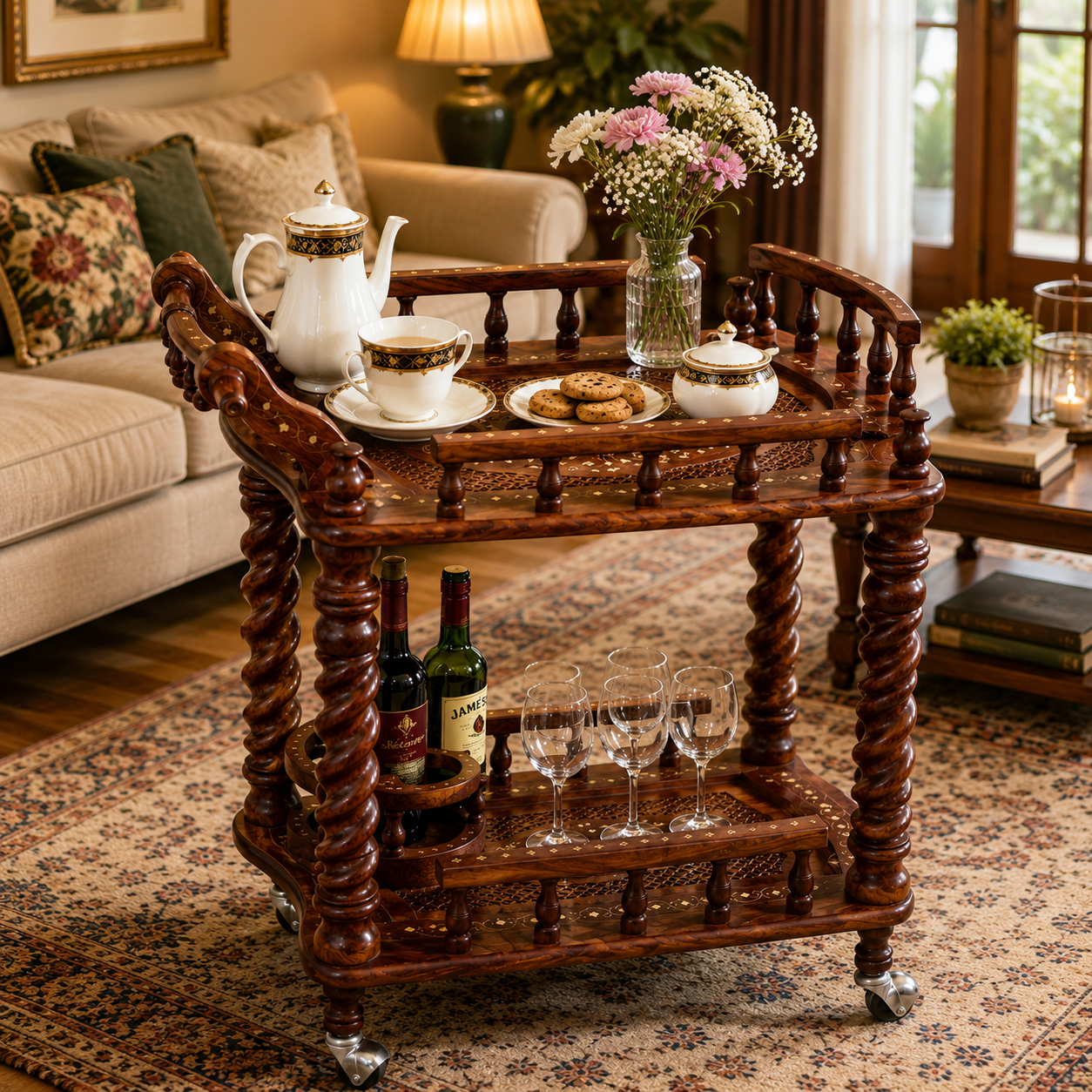 Juniper Cyprus Sheesham Wood Serving Trolley, Brown - detail view