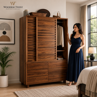Wooden Twist Traditional Design Sliding Doors Wardrobe with Six Drawers And 2 Door ( Brown ) - WoodenTwist