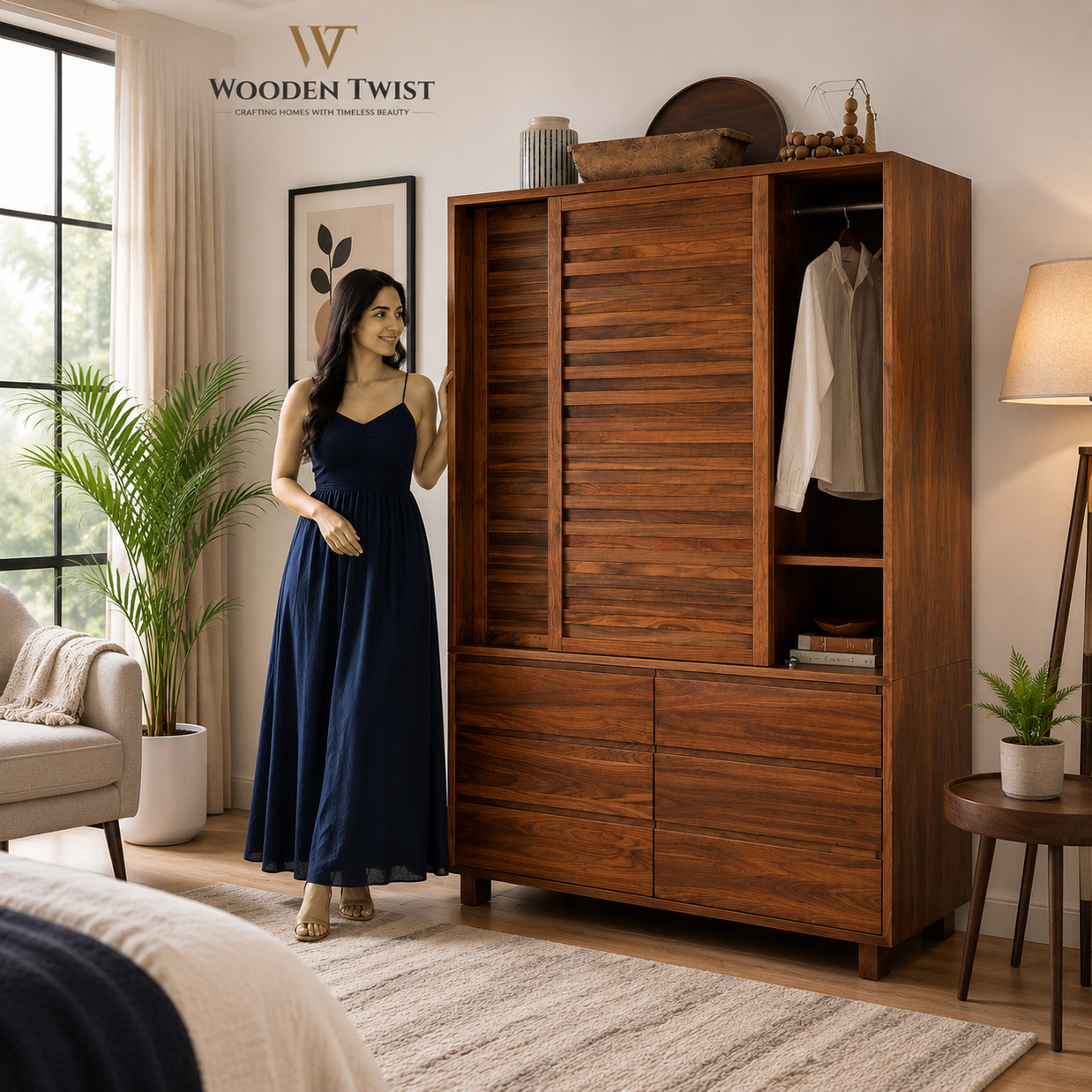 Wooden Twist Traditional Design Sliding Doors Wardrobe with Six Drawers And 2 Door ( Brown ) - WoodenTwist