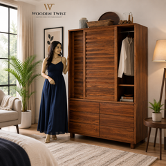 Wooden Twist Traditional Design Sliding Doors Wardrobe with Six Drawers And 2 Door ( Brown )