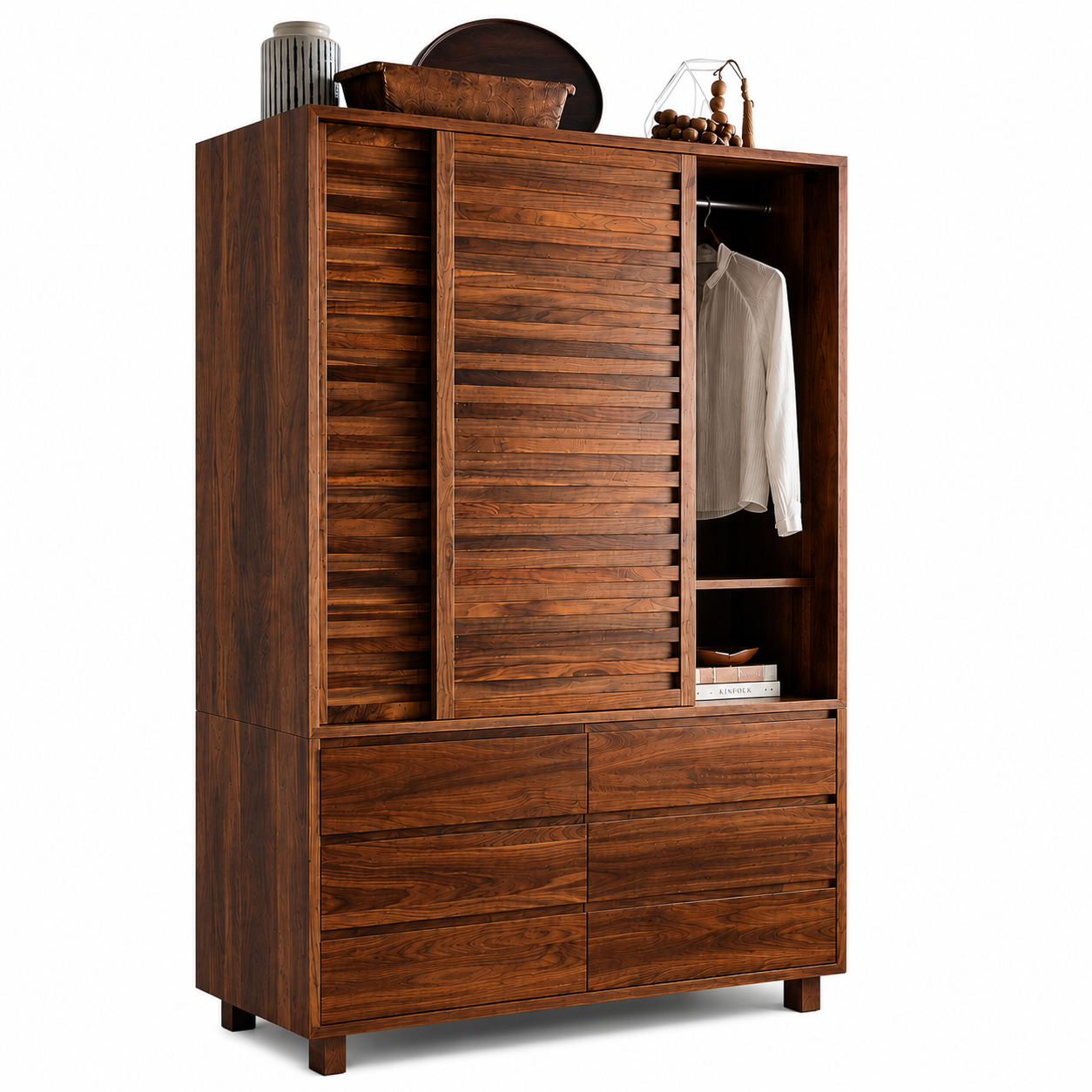 Wooden Twist Traditional Design Sliding Doors Wardrobe with Six Drawers And 2 Door ( Brown ) - WoodenTwist