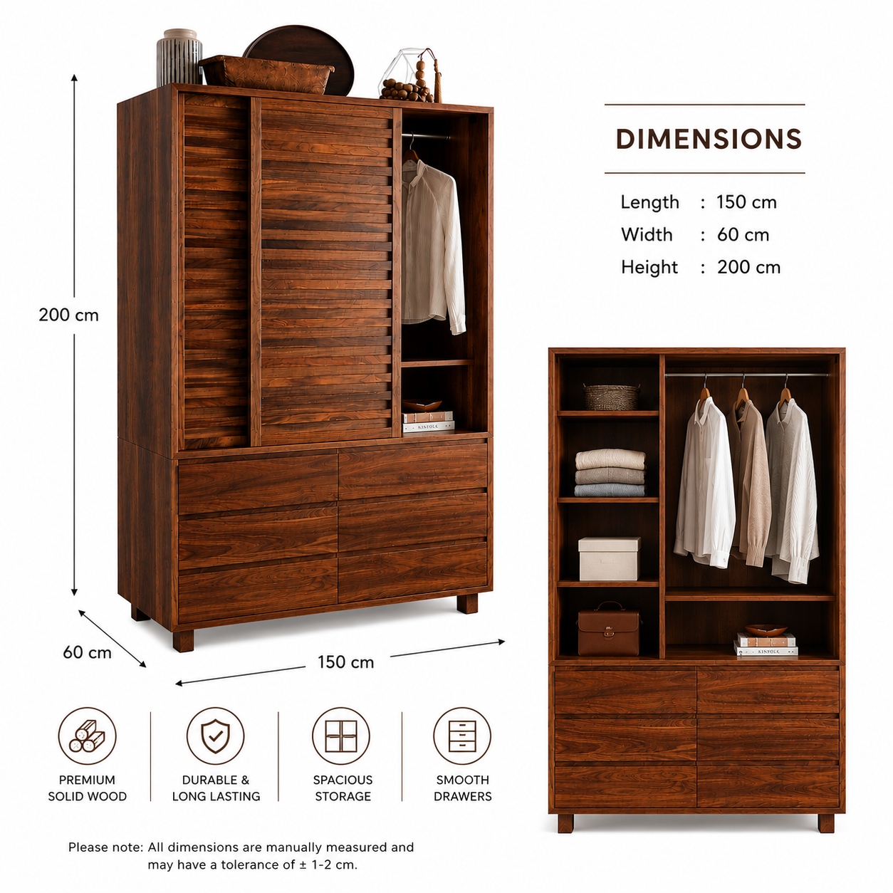 Wooden Twist Traditional Design Sliding Doors Wardrobe with Six Drawers And 2 Door ( Brown ) - WoodenTwist