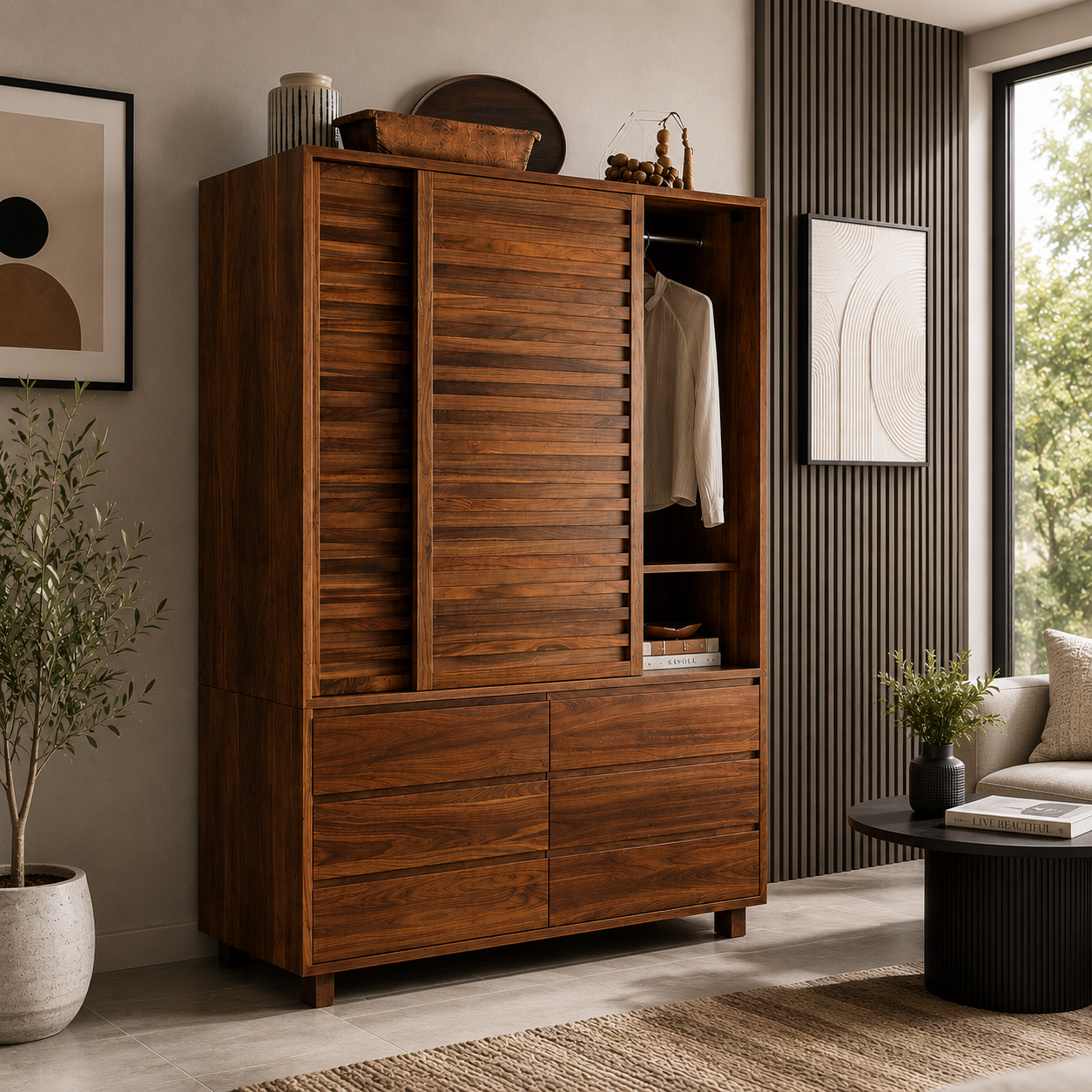 Wooden Twist Traditional Design Sliding Doors Wardrobe with Six Drawers And 2 Door ( Brown ) - WoodenTwist