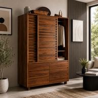 Wooden Twist Traditional Design Sliding Doors Wardrobe with Six Drawers And 2 Door ( Brown ) - WoodenTwist