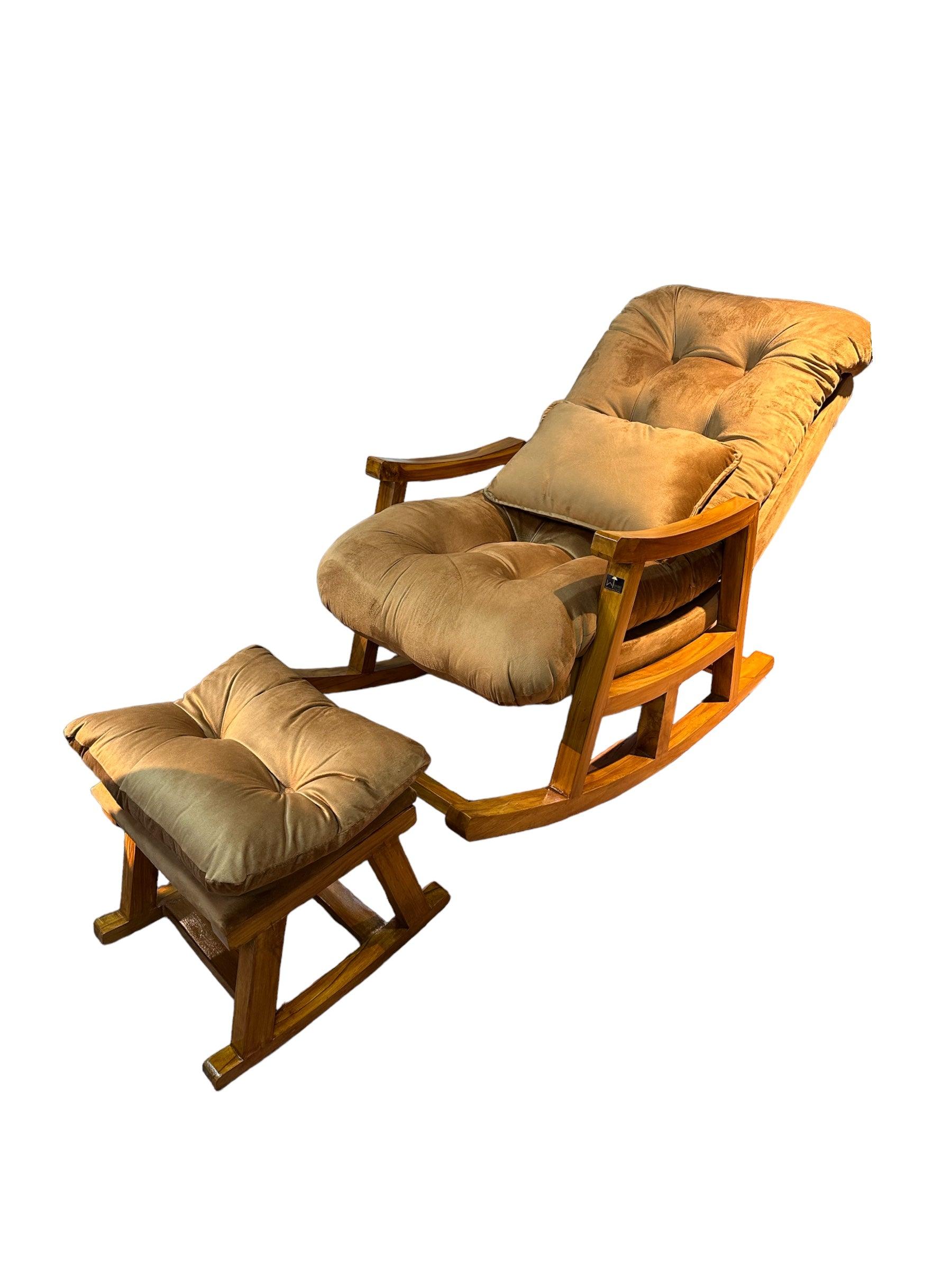 Wooden Rocking Chair Colonial and Traditional Super Comfortable Cushion And With Footrest (Natural Polish) - WoodenTwist