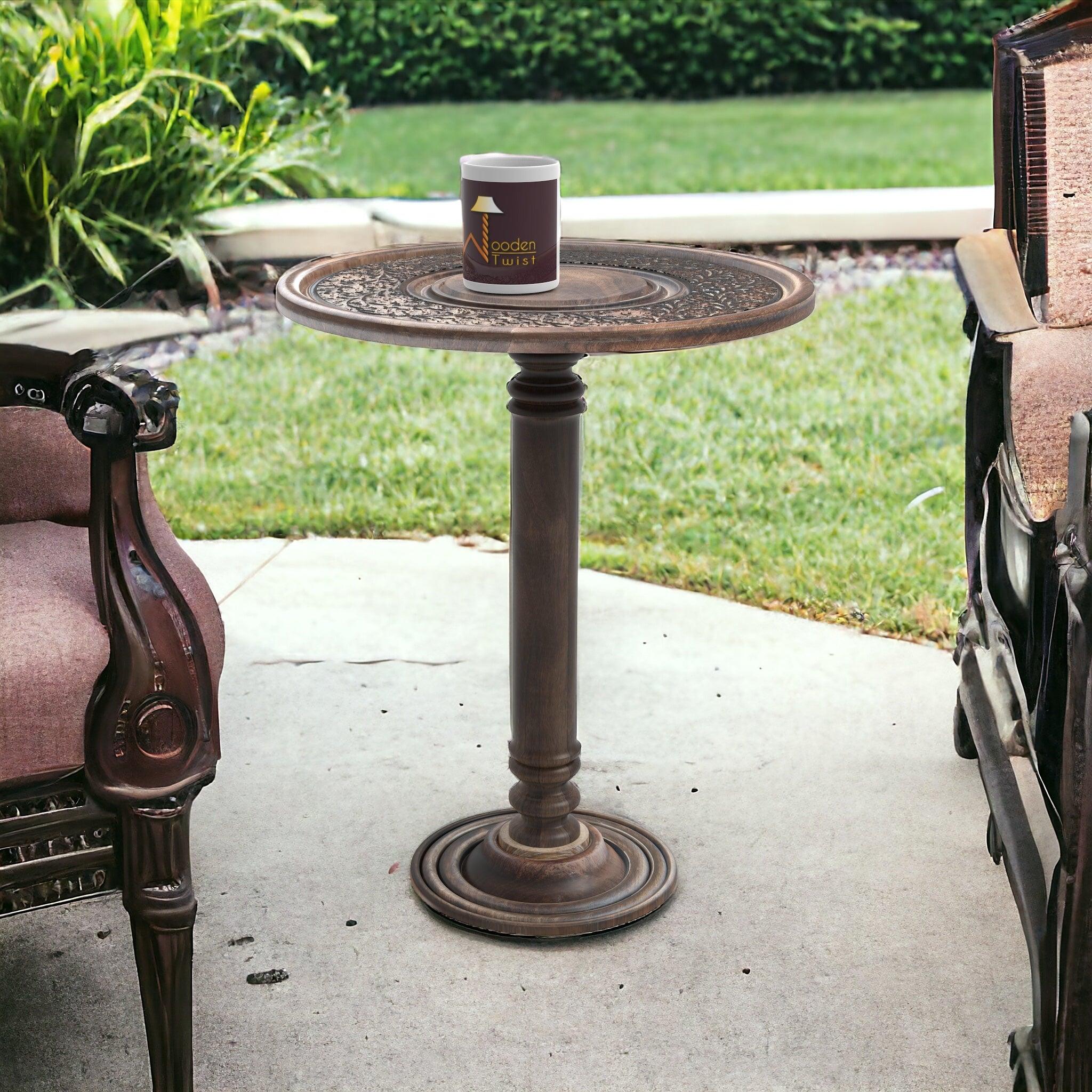 Wooden Twist Sculpte Hand Carved Solid Wood End Table - WoodenTwist