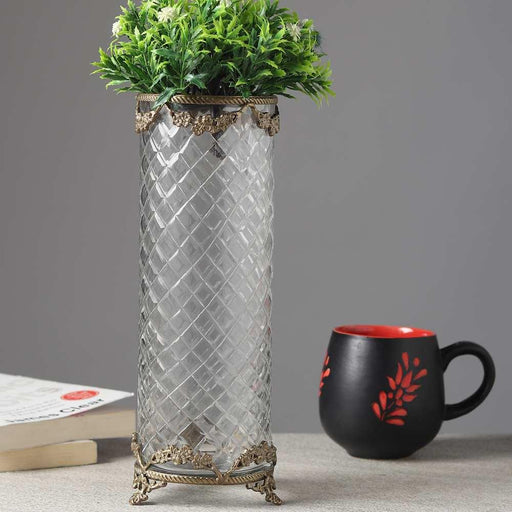 Botanic Antique Brass Trim Glass Vase Golden - WoodenTwist