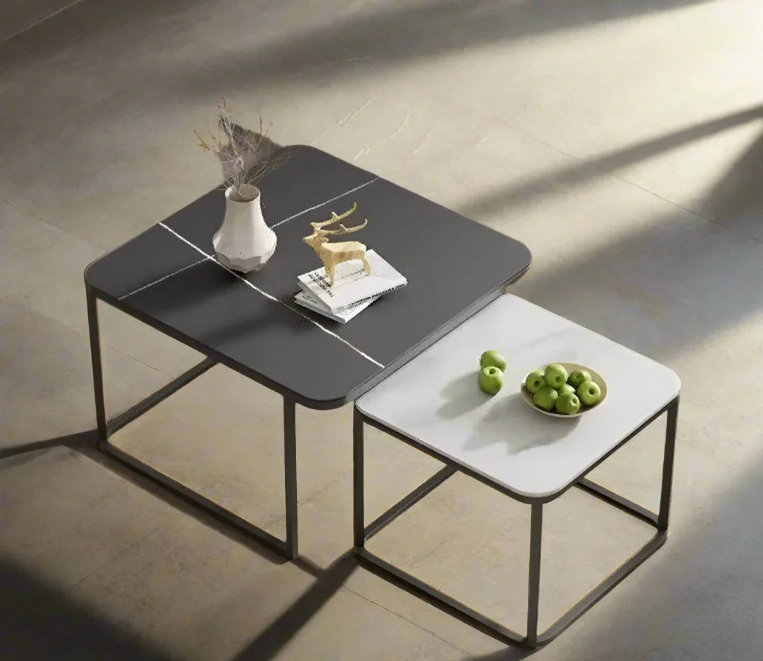 Square Black Iron Nesting Tables | Set of 2 with Composite Marble Tops | Large 20” & Small 16” | Modern Living Room Accent