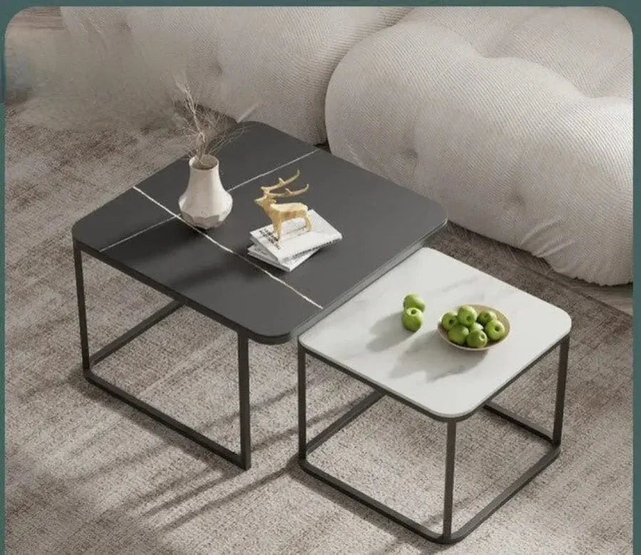 Square Black Iron Nesting Tables | Set of 2 with Composite Marble Tops | Large 20” & Small 16” | Modern Living Room Accent
