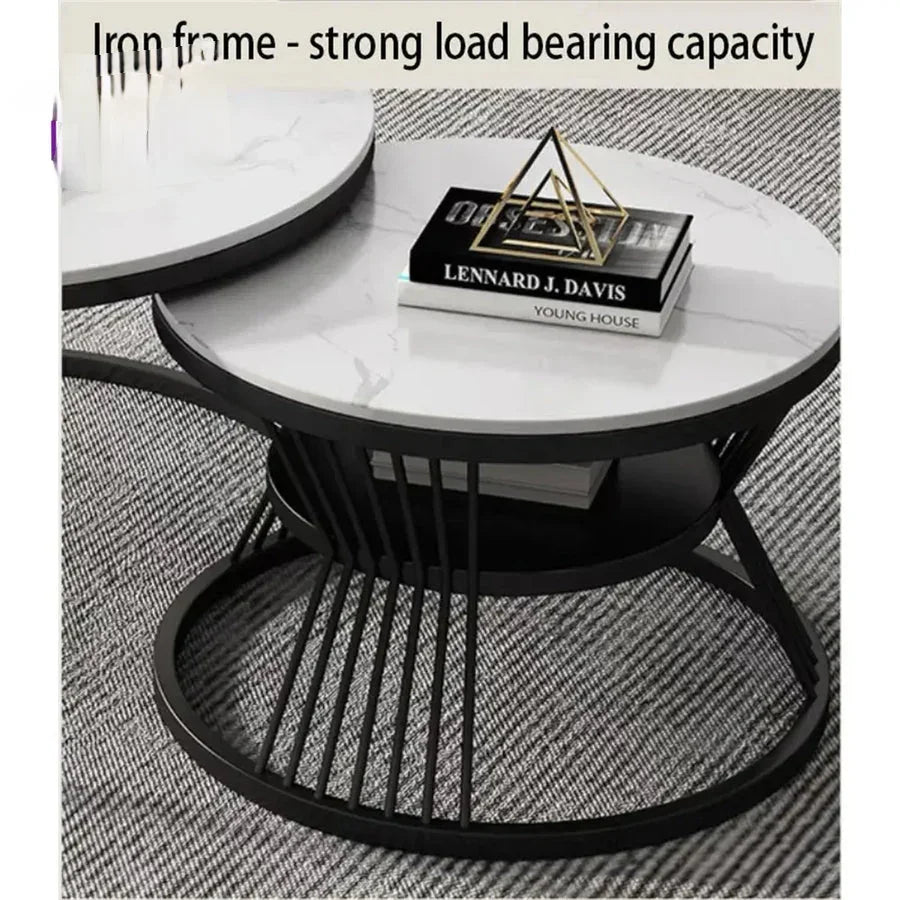 Black Iron Nesting Tables | Set of 2 with Composite Marble Tops | Large 20” & Small 16” | Modern Living Room Accent