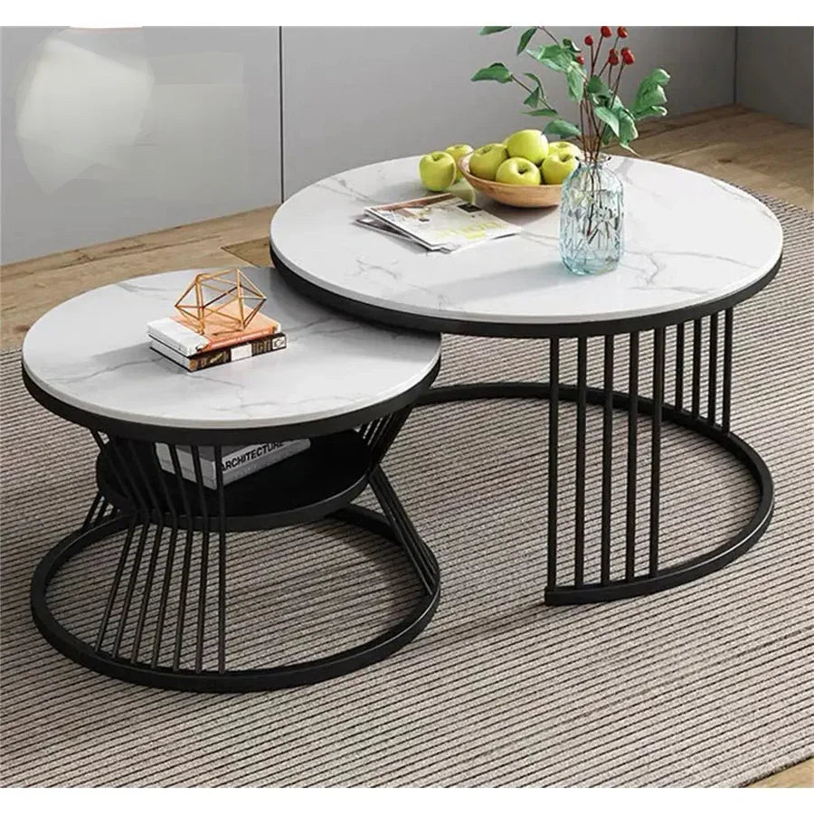 Black Iron Nesting Tables | Set of 2 with Composite Marble Tops | Large 20” & Small 16” | Modern Living Room Accent