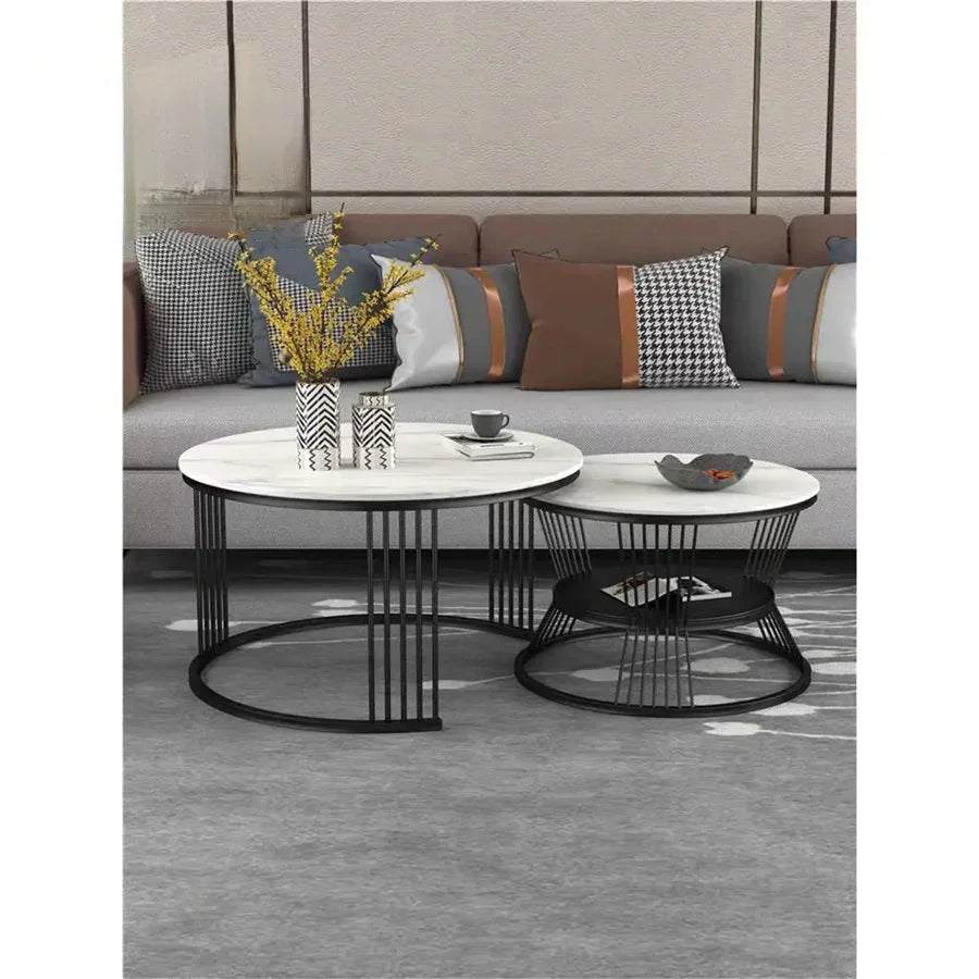 Black Iron Nesting Tables | Set of 2 with Composite Marble Tops | Large 20” & Small 16” | Modern Living Room Accent