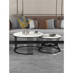 Black Iron Nesting Tables | Set of 2 with Composite Marble Tops | Large 20” & Small 16” | Modern Living Room Accent