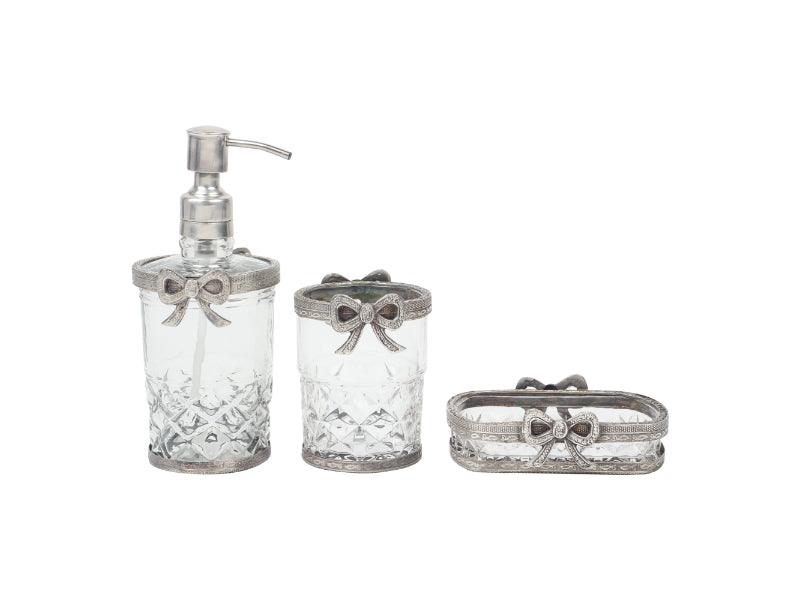 Antique Bow-Tied Glass Bathroom Silver Set - WoodenTwist