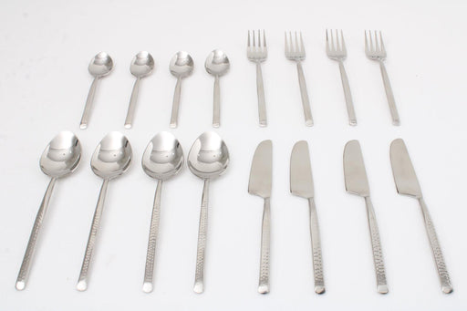 Artisan Dot Hammered Silver Cutlery (Set of 16) 4Knife, 4Fork,4 Rice Spoon,4 Dessert Spoon - WoodenTwist