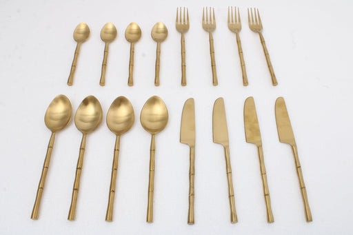 Artisan Dot Hammered Golden Cutlery (Set of 16) 4Knife, 4Fork,4 Rice Spoon,4 Dessert Spoon - WoodenTwist