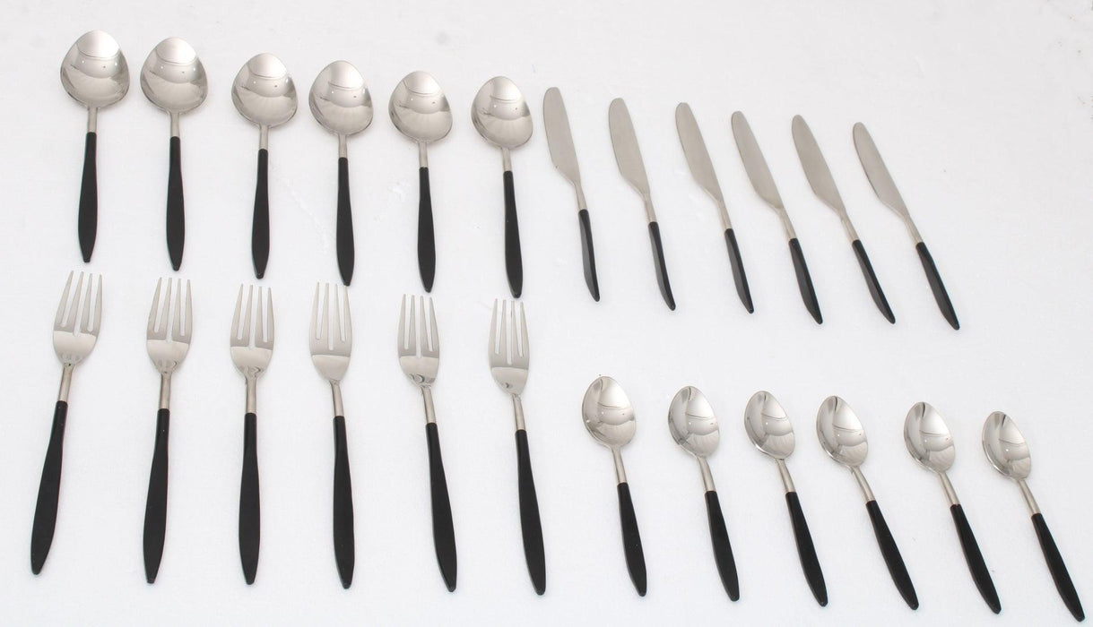 Midnight Opulence Black & Silver Cutlery (Set of 24) 6 Knife, 6 Fork, 6 Rice Spoon, 6 Dessert Spoon - WoodenTwist