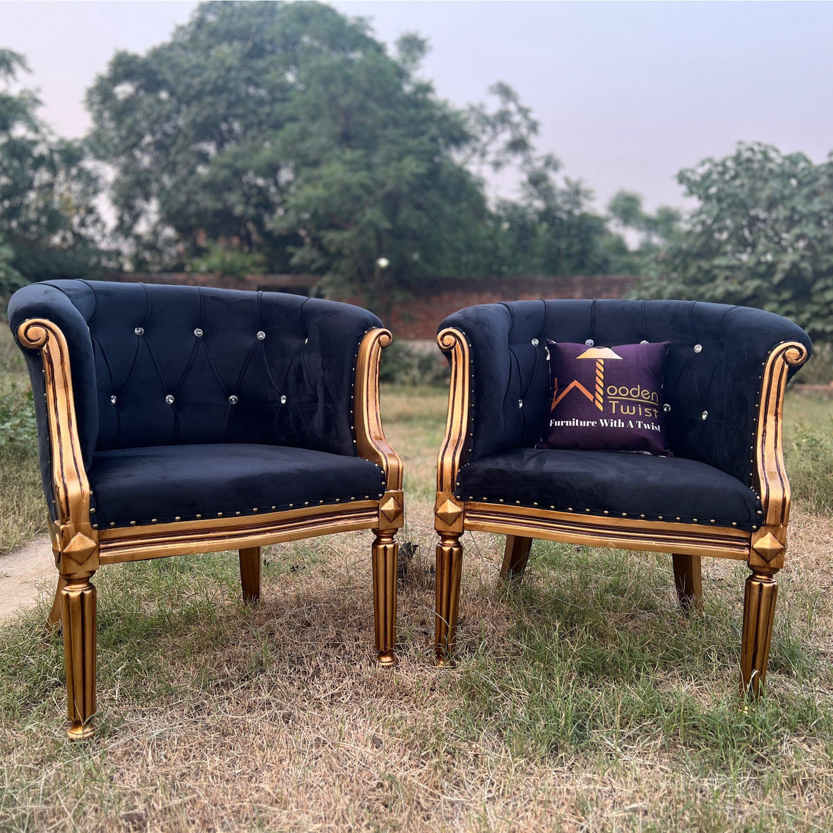Tufted Golden Finish Sofa Chair Set of 2
