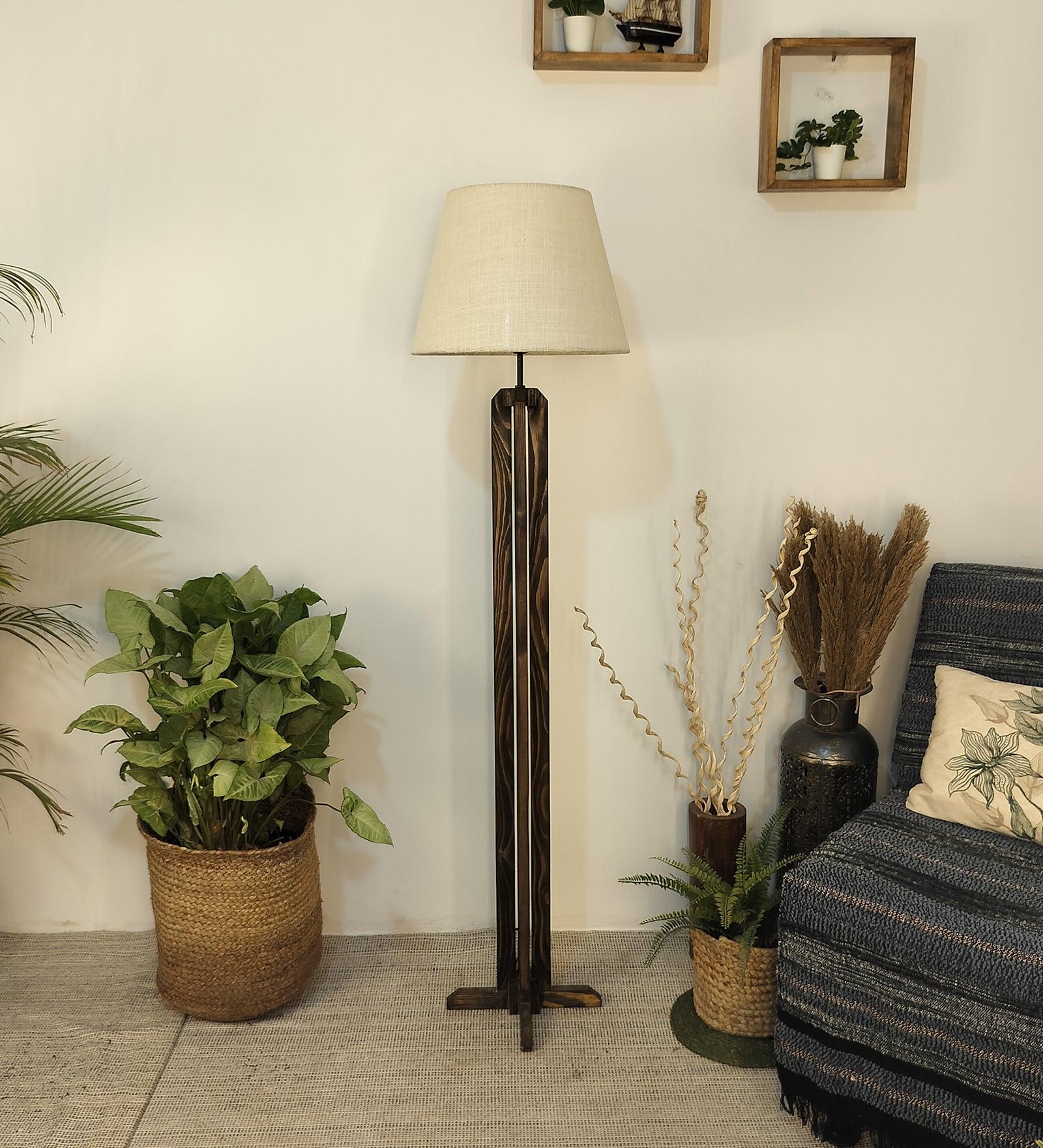 Stella Wooden Floor Lamp with Premium Beige Fabric Lampshade - WoodenTwist