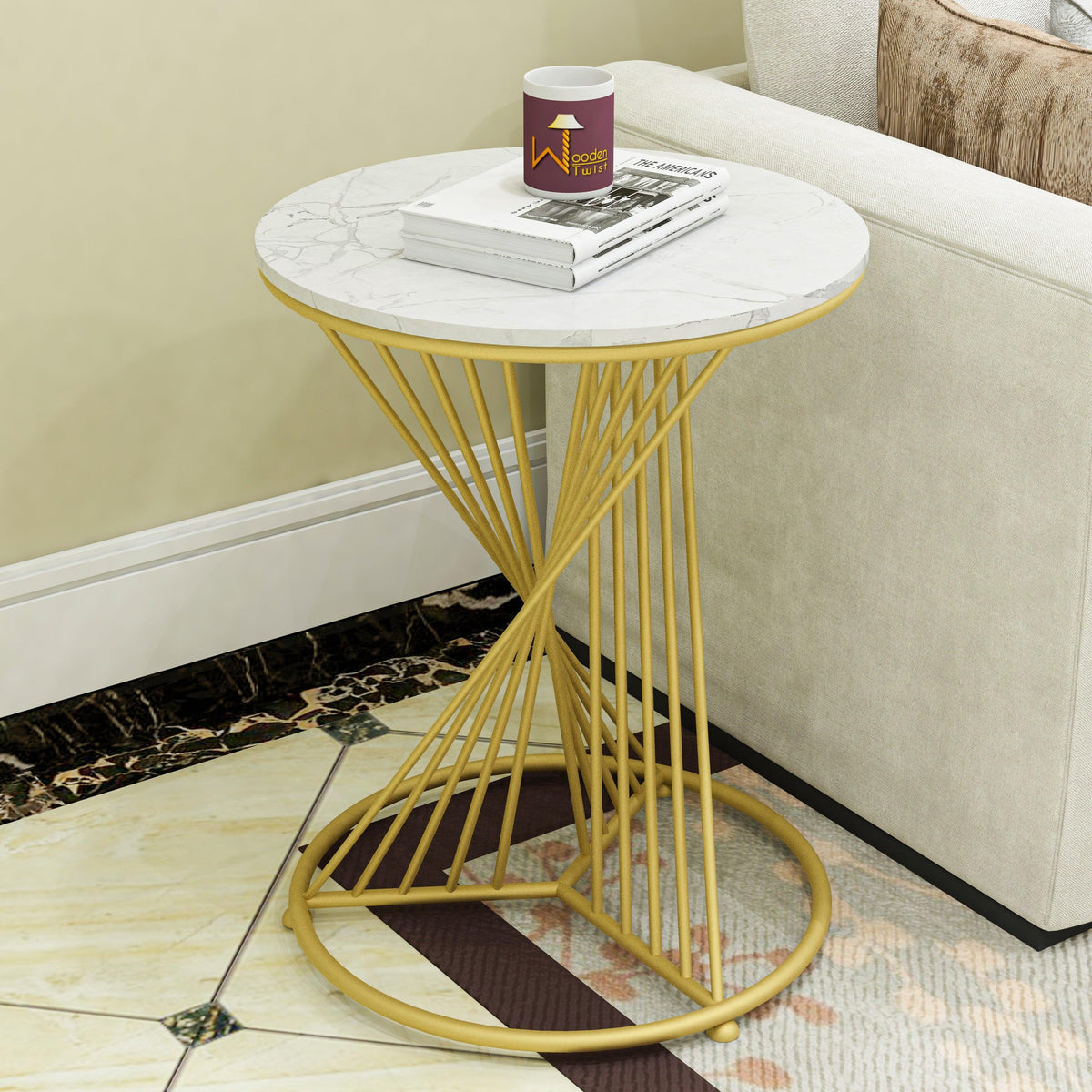 A golden wrought iron end table with a modern twist