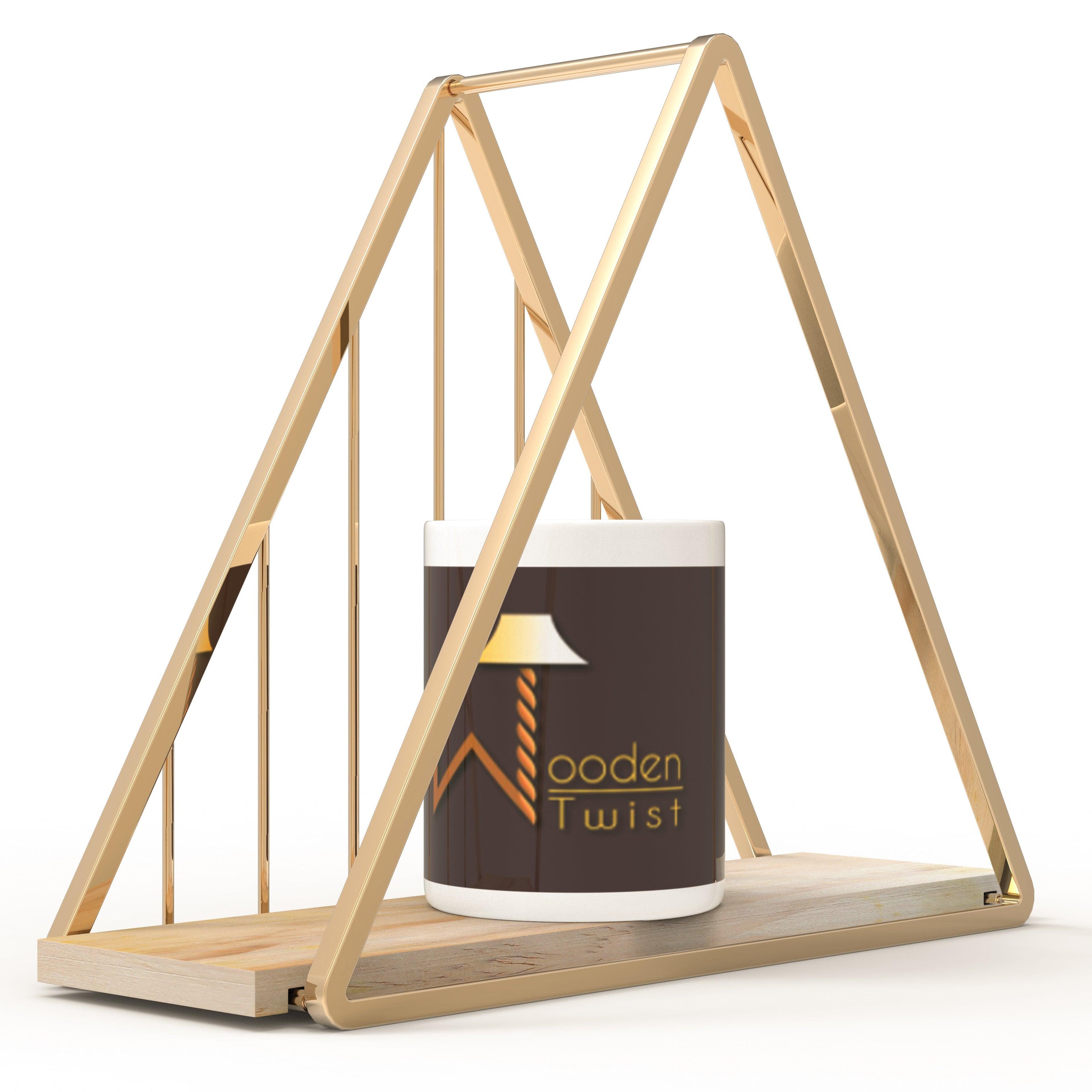 Triangle golden wall shelf styled in a living room