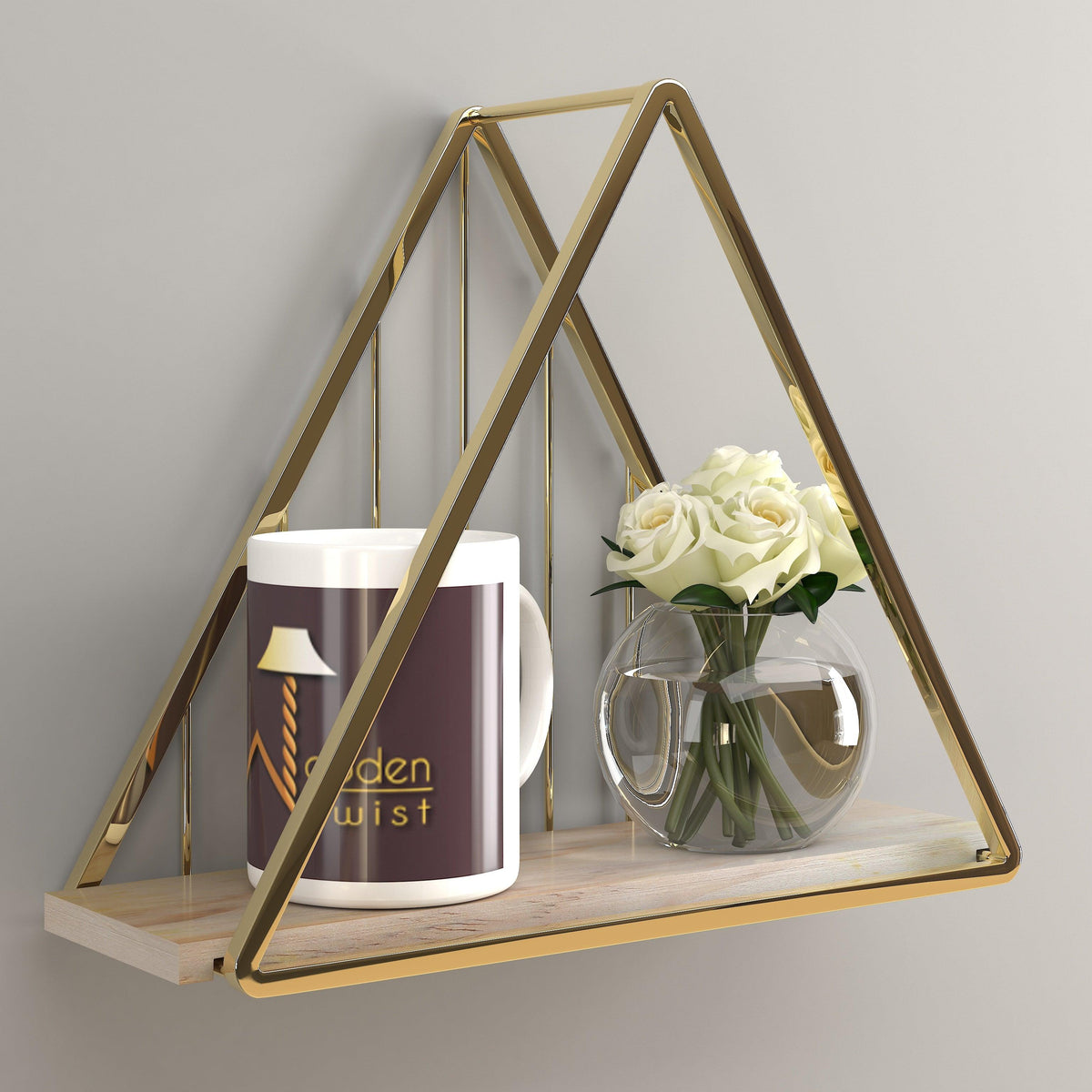 Triangle Metallic Twist Solid Wood Iron Storage Shelf (Golden ) - WoodenTwist