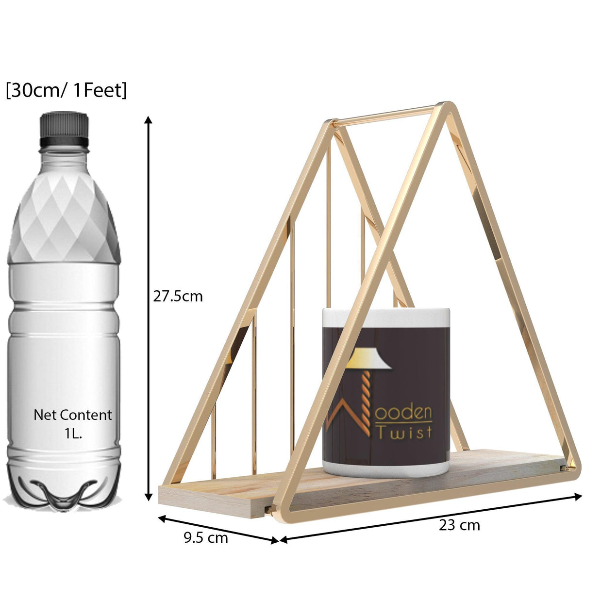 Triangle Metallic Twist golden wall shelf full view