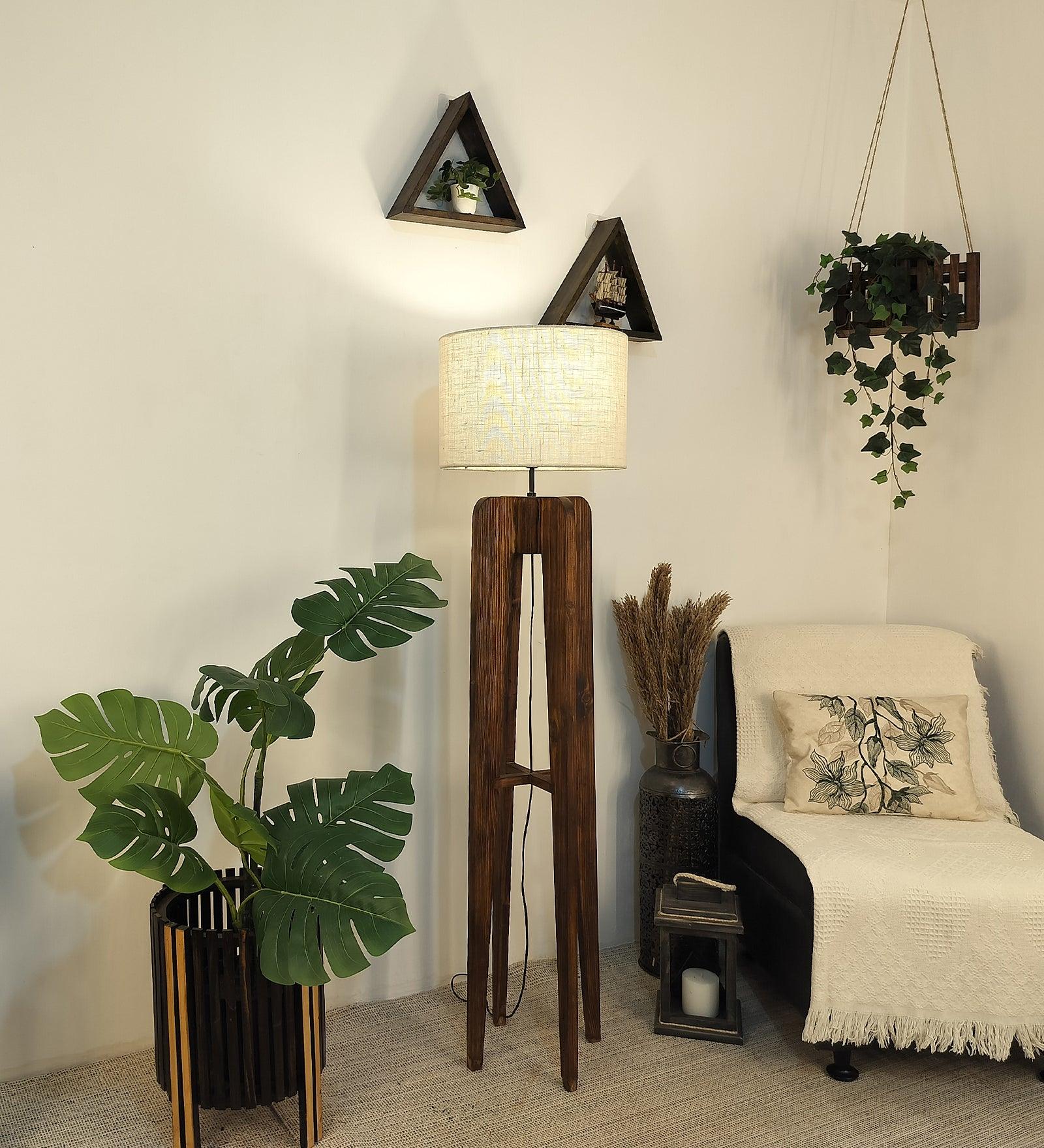 Jet Wooden Floor Lamp with Premium Beige Fabric Lampshade - WoodenTwist