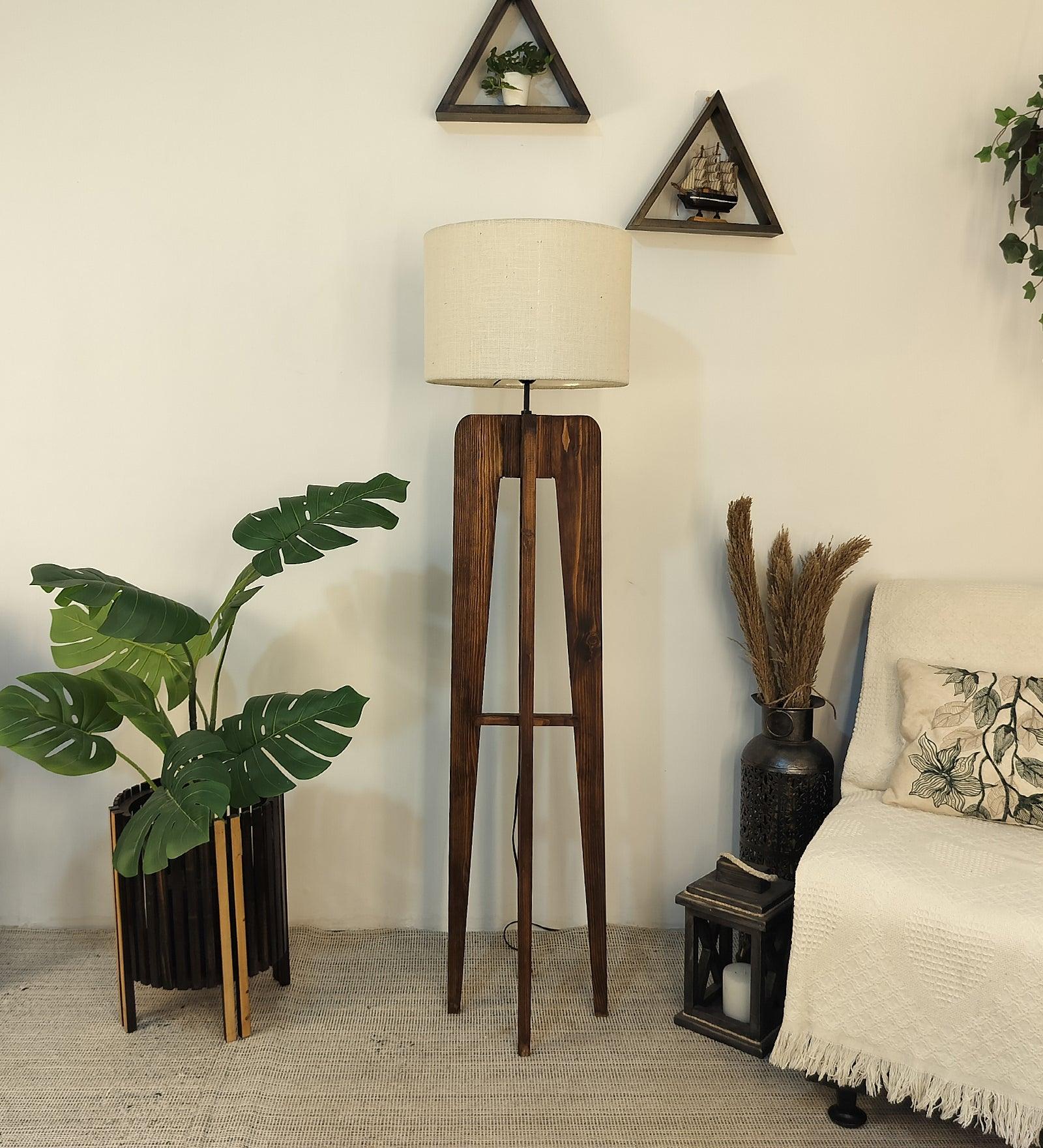 Jet Wooden Floor Lamp with Premium Beige Fabric Lampshade - WoodenTwist