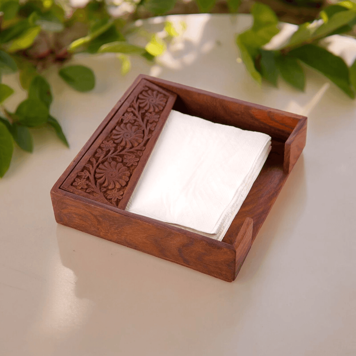 Sheesham Wood Napkin Holder with Hand Carved Leaf Design - lifestyle setting