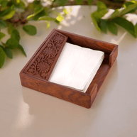 Sheesham Wood Napkin Holder with Hand Carved Leaf Design - lifestyle setting