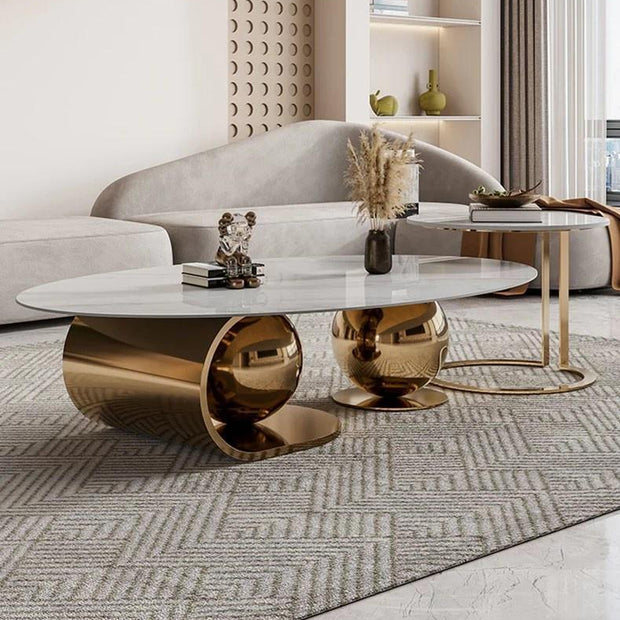Luxurious Oval Centre Table Set of 2 with Double Ball Design