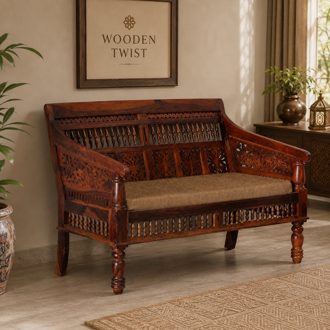 Wooden Intricate Motif Designs Couches (2 Seater Sofa)