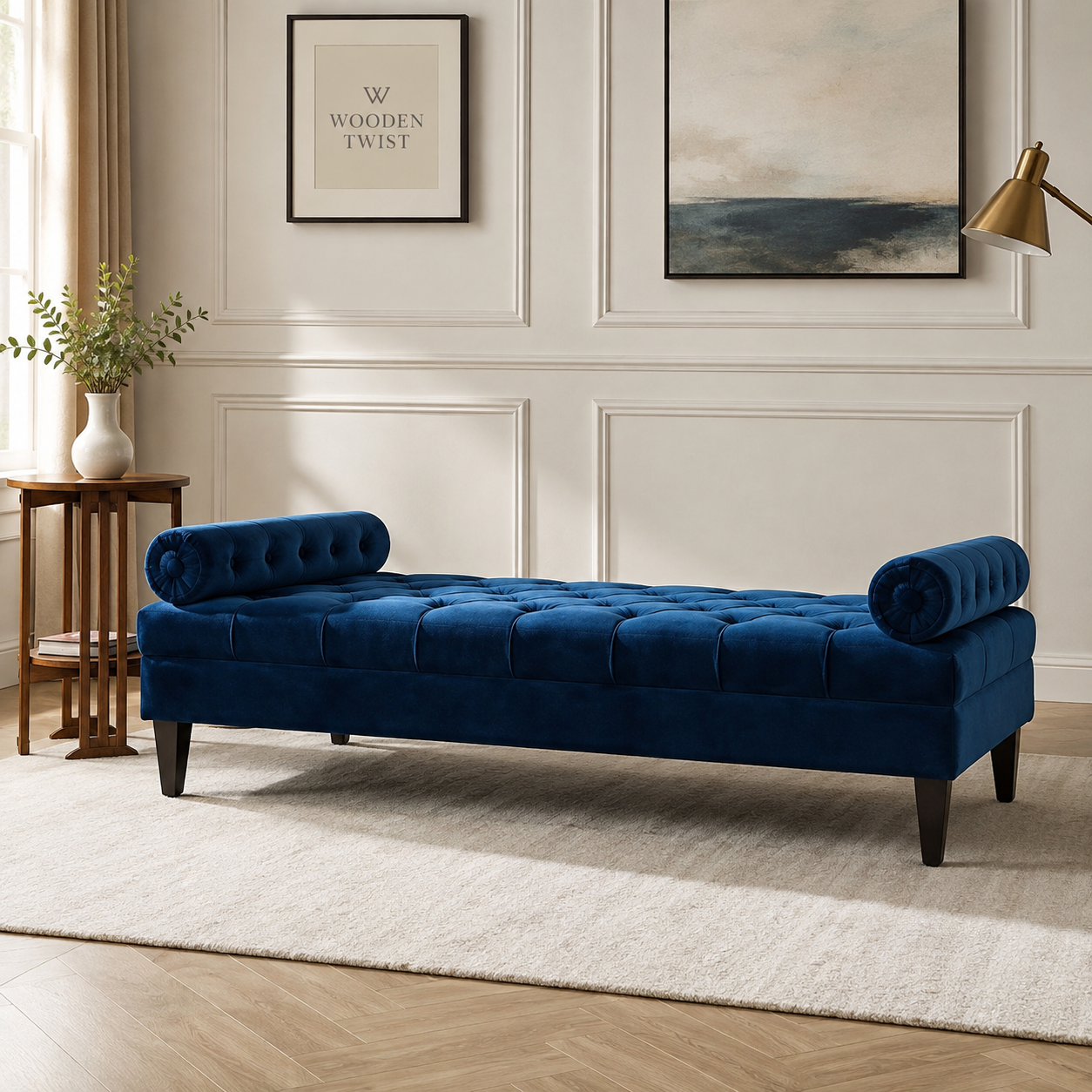 Bolstered Three Seater Diwan Lounge Sofa for Living Room (Blue Velvet)