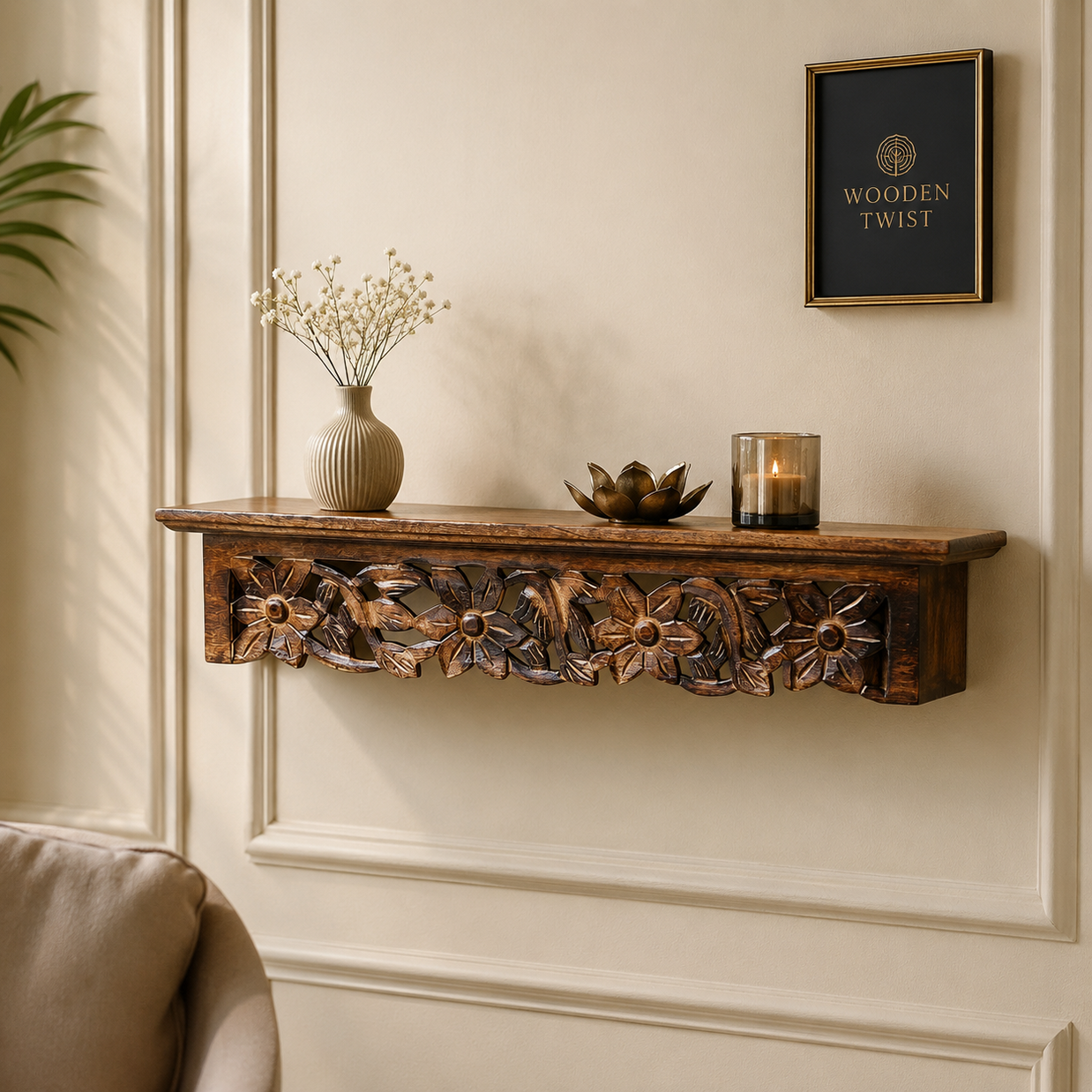 Hand Carved Wooden Wall Shelf with Jali Work for Living Room
