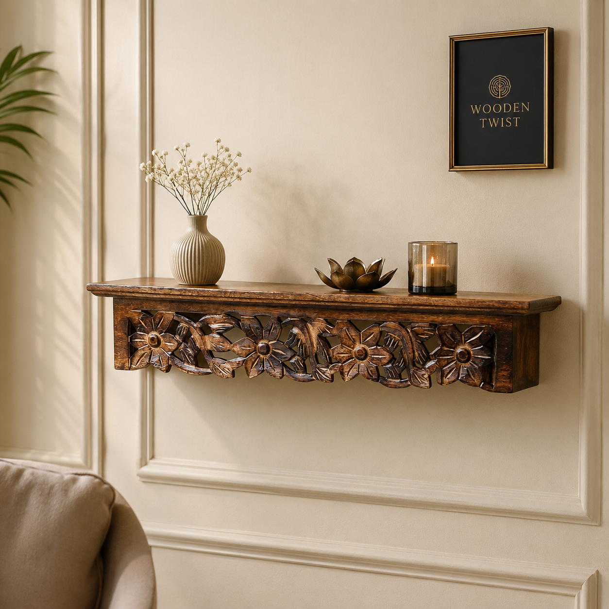 Hand Carved Wooden Wall Shelf with Jali Work for Living Room