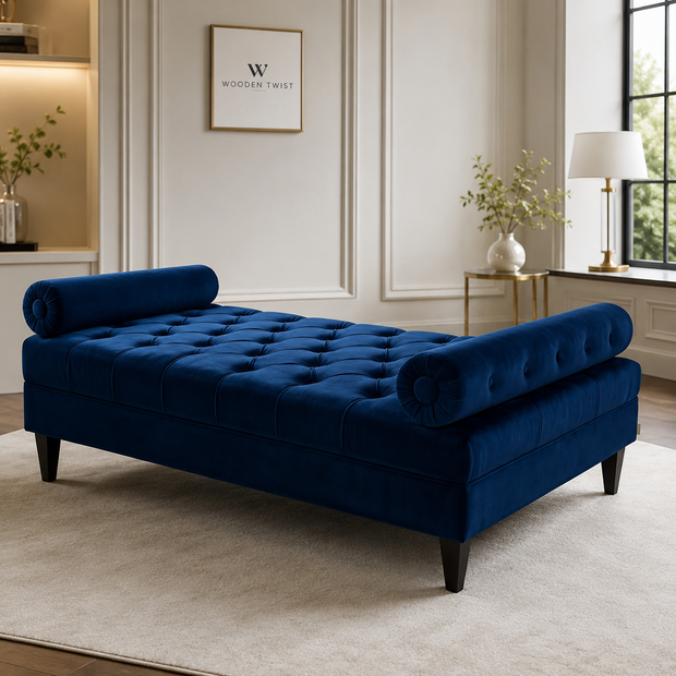 Bolstered Three Seater Diwan Lounge Sofa for Living Room (Blue Velvet)