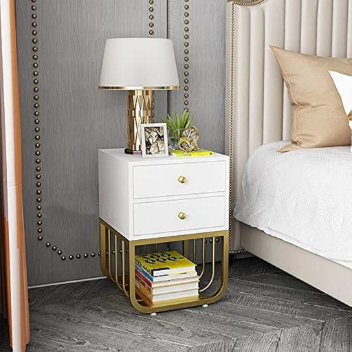 Elegant Square Iron Side Table with Double Drawer and Lamp Stand - White