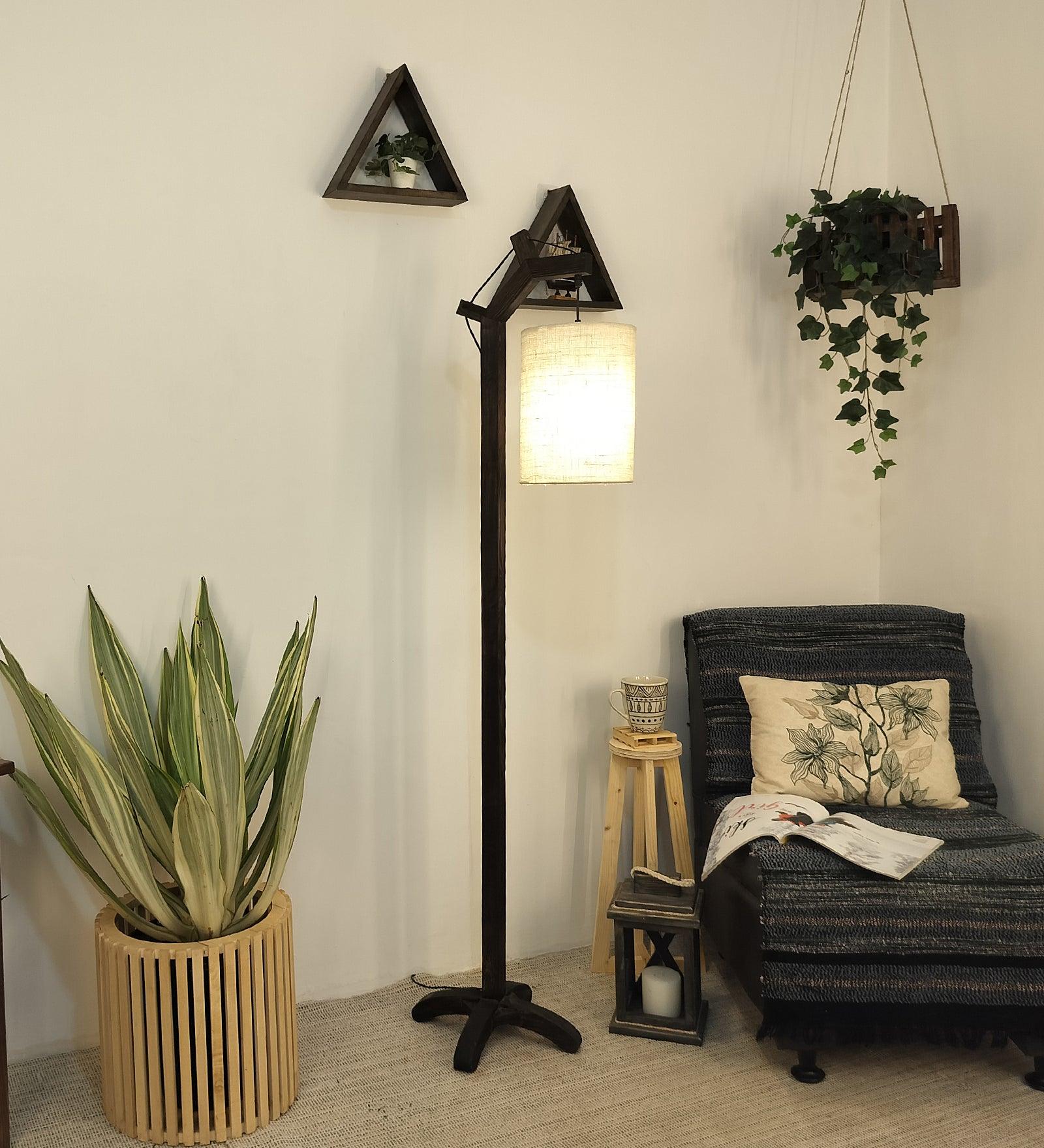 Leo Wooden Floor Lamp with Brown Base and Jute Fabric Lampshade - WoodenTwist