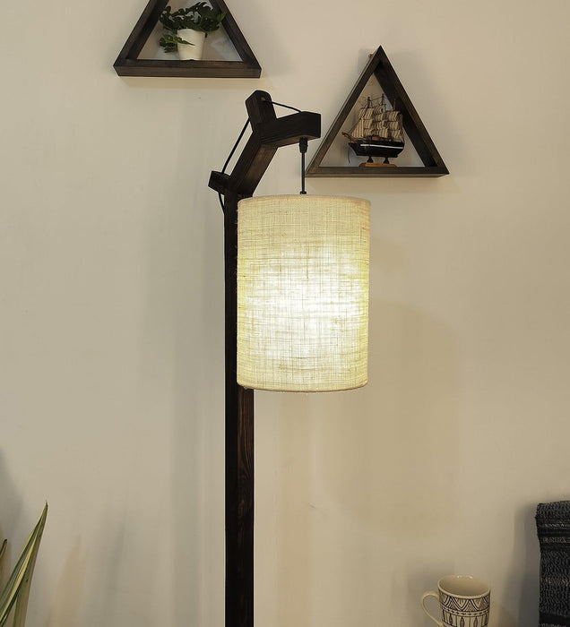 Leo Wooden Floor Lamp with Brown Base and Jute Fabric Lampshade - WoodenTwist