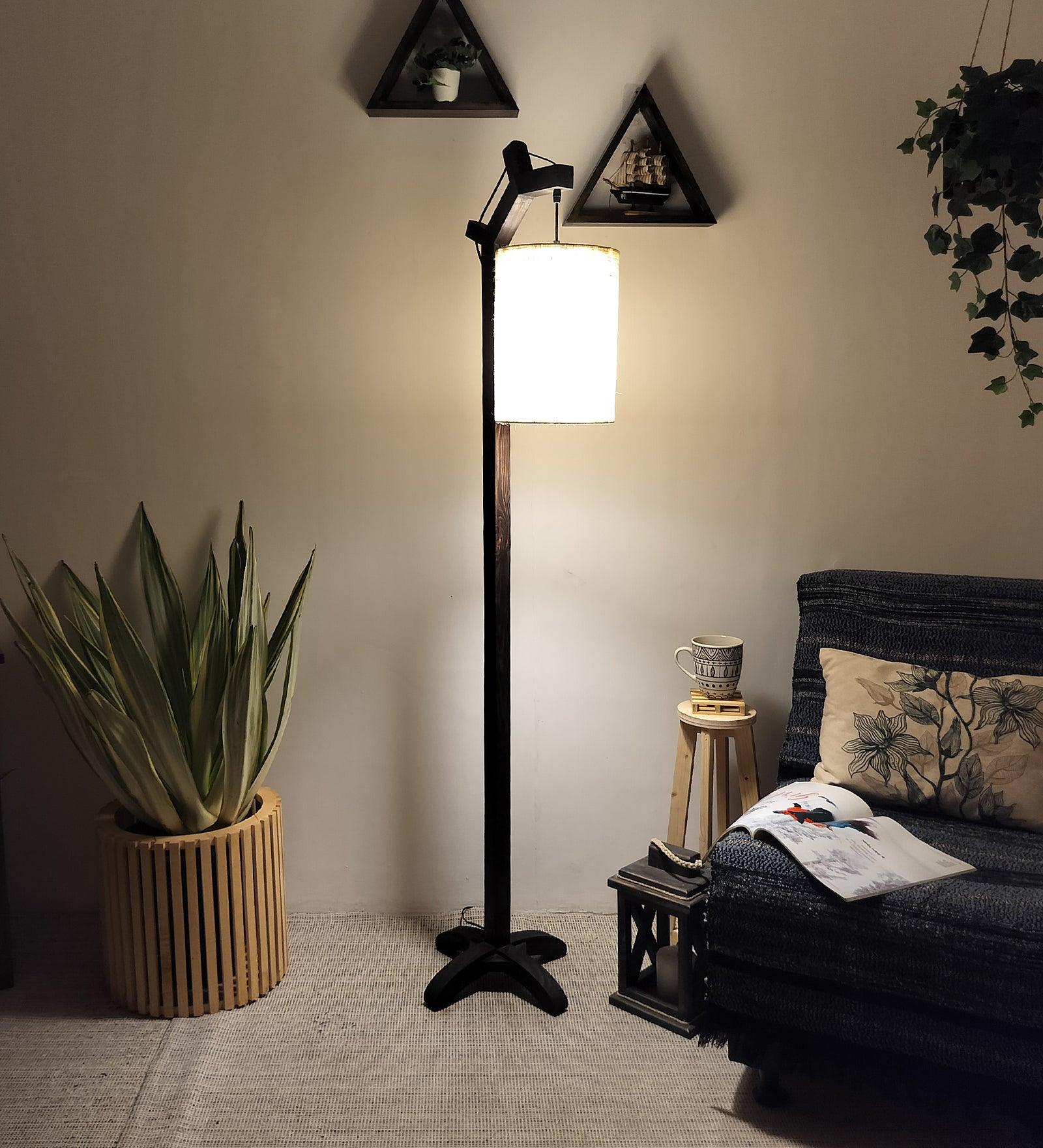 Leo Wooden Floor Lamp with Brown Base and Jute Fabric Lampshade - WoodenTwist