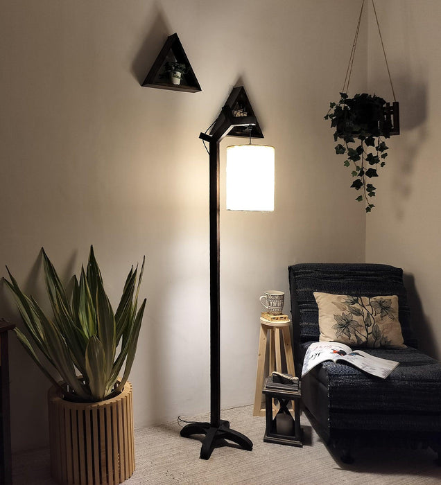 Leo Wooden Floor Lamp with Brown Base and Jute Fabric Lampshade - WoodenTwist