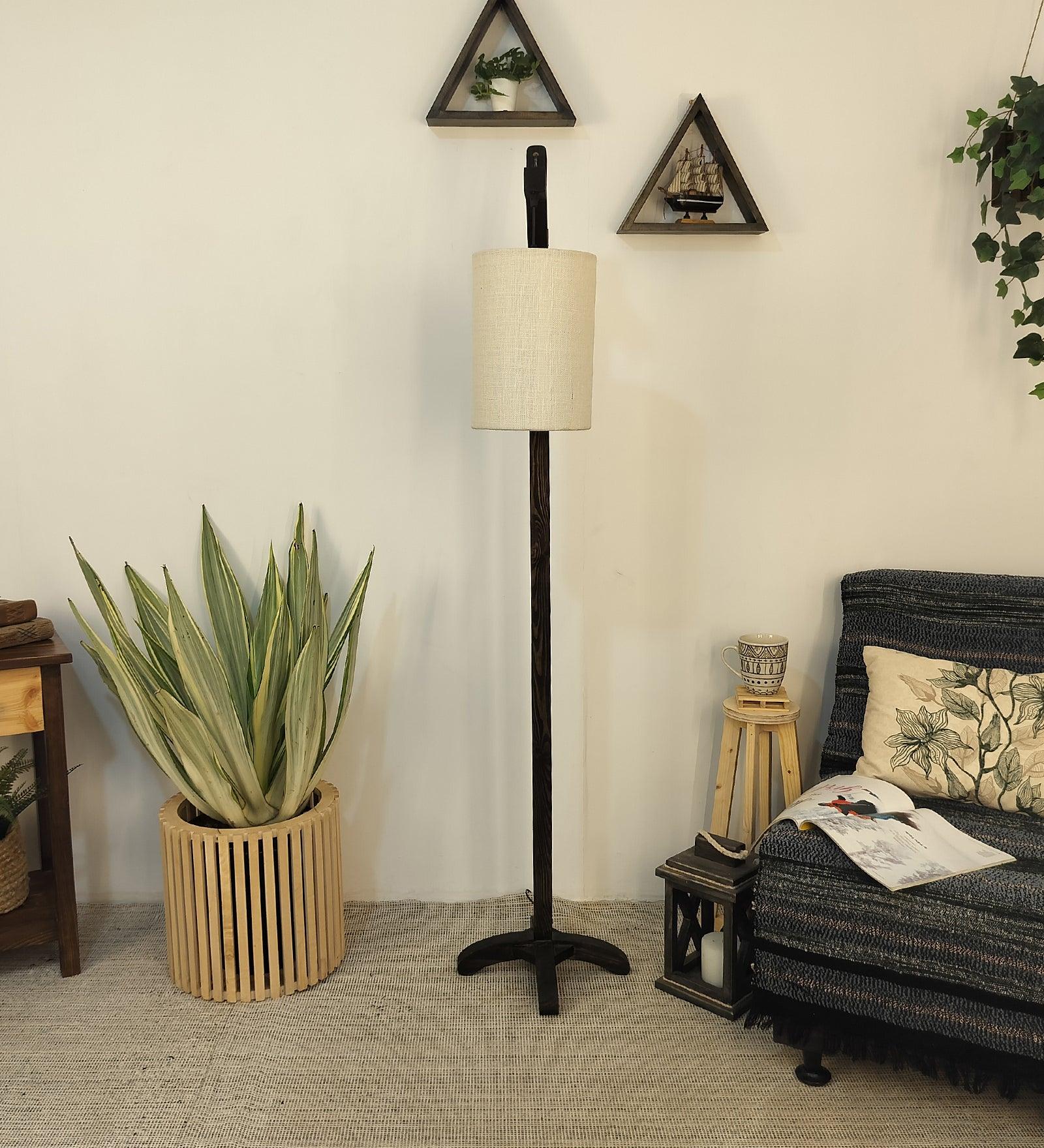 Leo Wooden Floor Lamp with Brown Base and Jute Fabric Lampshade - WoodenTwist