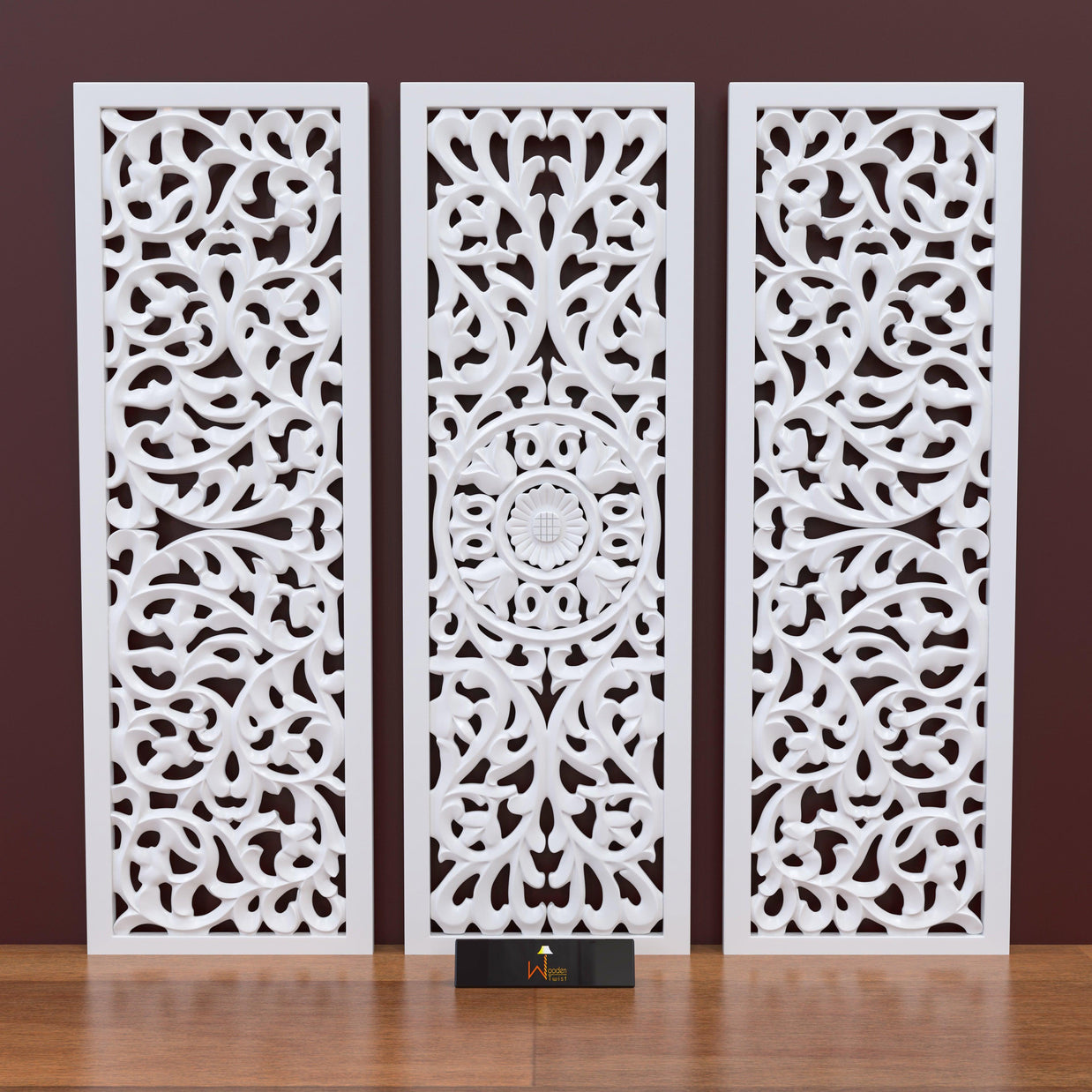 Premium Wooden Decoration Hand Carved 3 Wall Panel (MDF Wood, White) - WoodenTwist