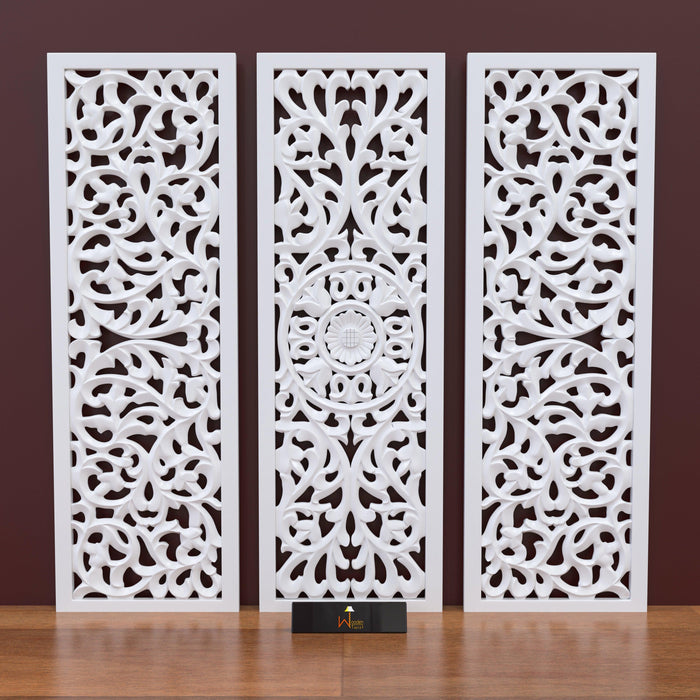 Premium Wooden Decoration Hand Carved 3 Wall Panel (MDF Wood, White) - WoodenTwist