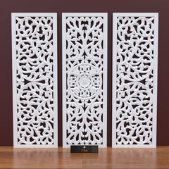 Premium Wooden Decoration Hand Carved 3 Wall Panel (MDF Wood, White) - WoodenTwist