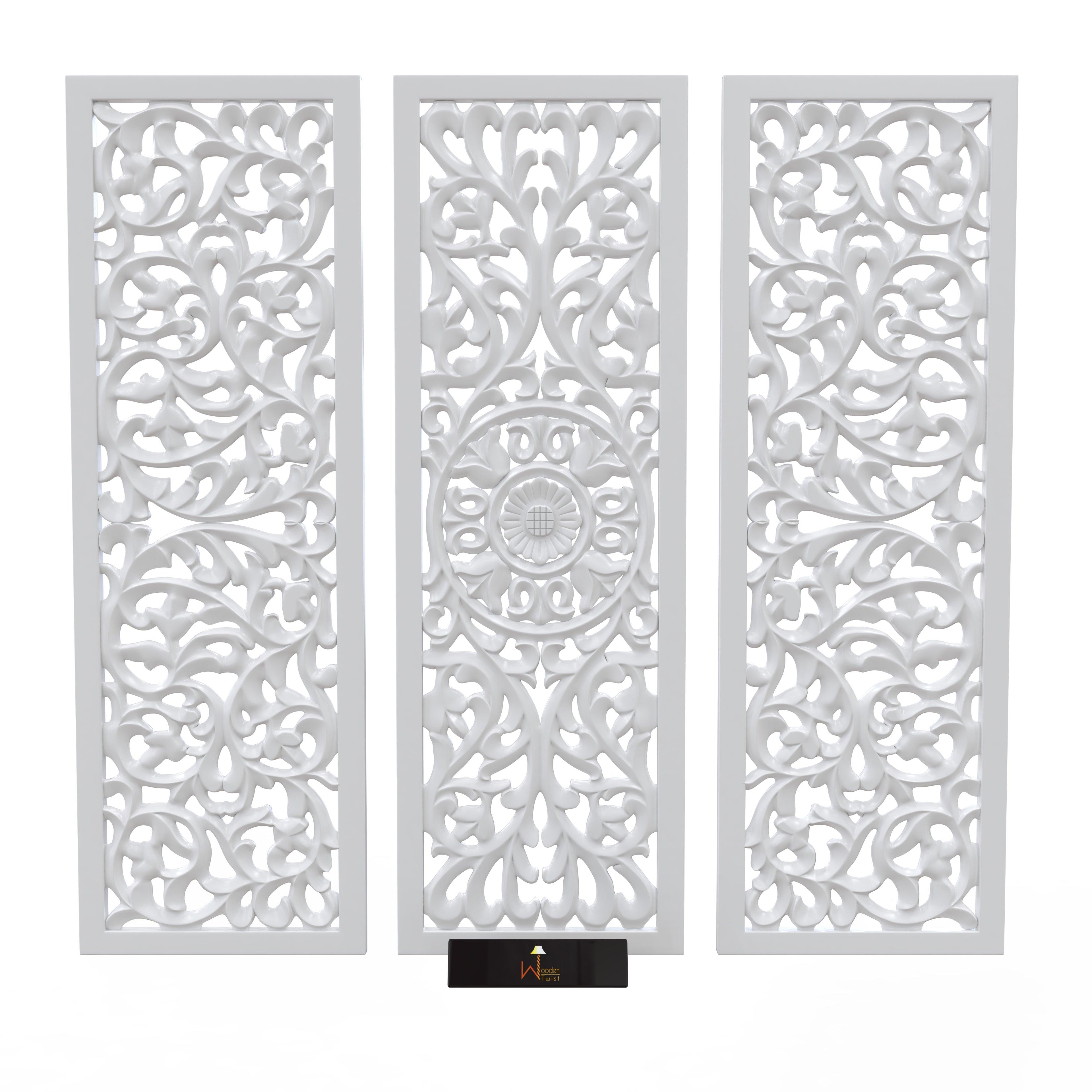 Premium Wooden Decoration Hand Carved 3 Wall Panel (MDF Wood, White) - WoodenTwist