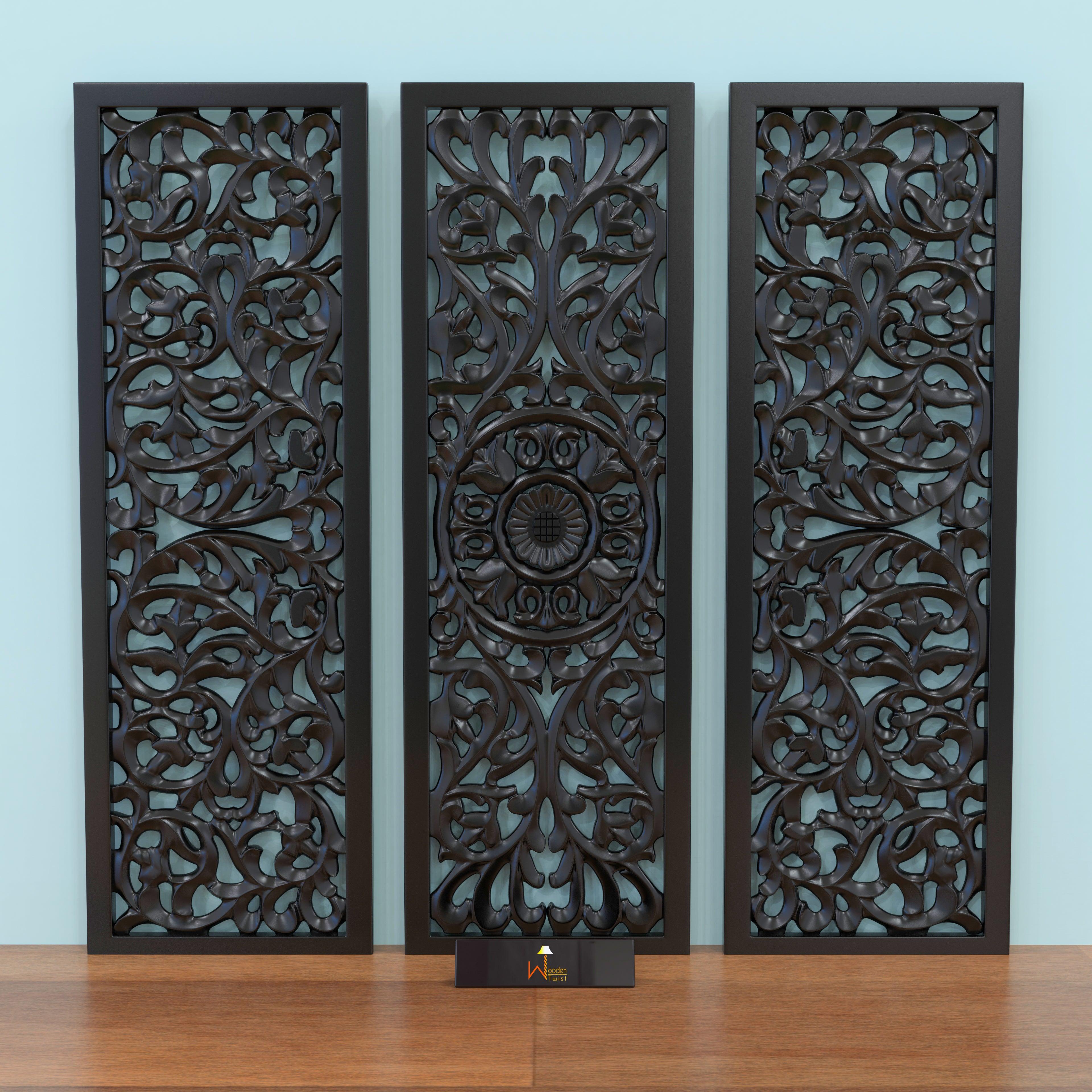 Premium Wooden Decoration Hand Carved 3 Wall Panel (MDF Wood, Black) - WoodenTwist